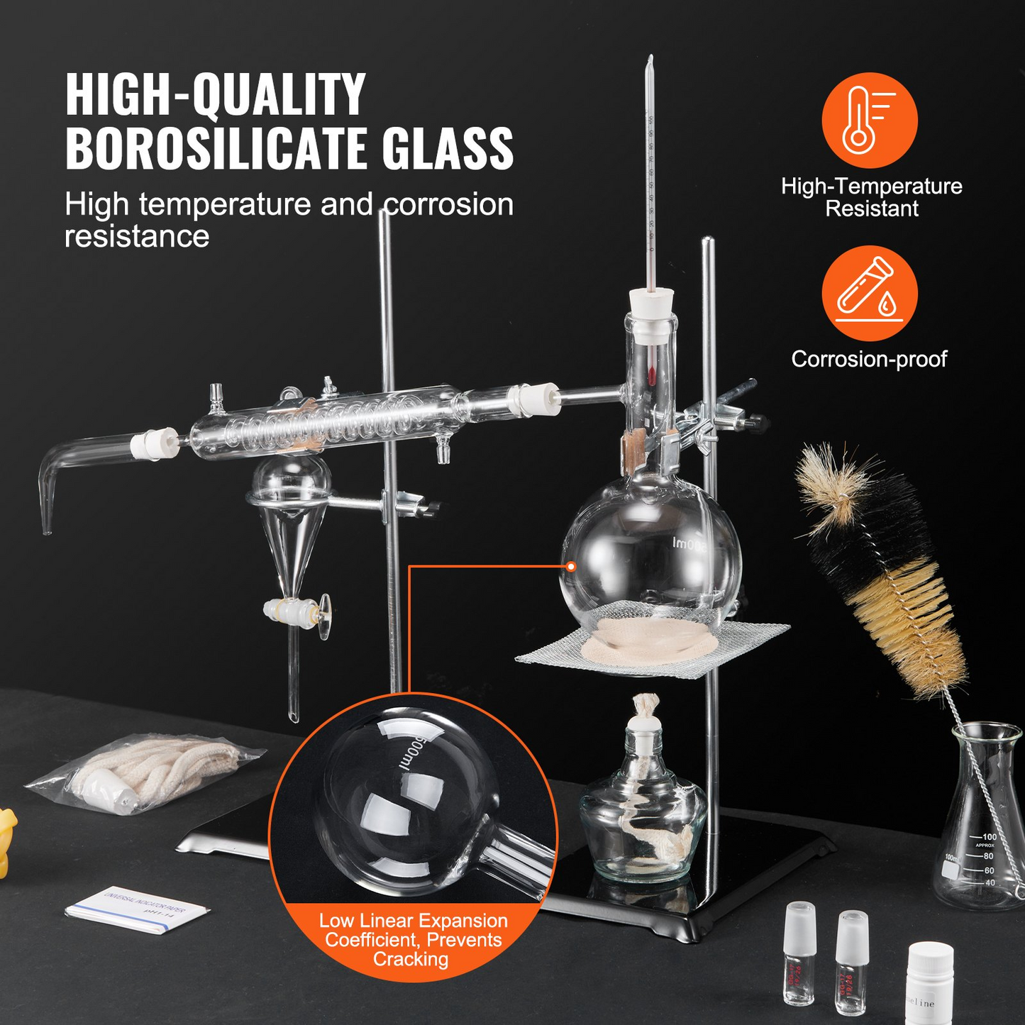 VEVOR Essential Oil Distillation Kit, 500ml Distillation Apparatus, 3.3 Boro Lab Glassware Distillation Kit with Alcohol Lamp, Ceramic Mesh and 24, 40 Joint, 28 pcs Set