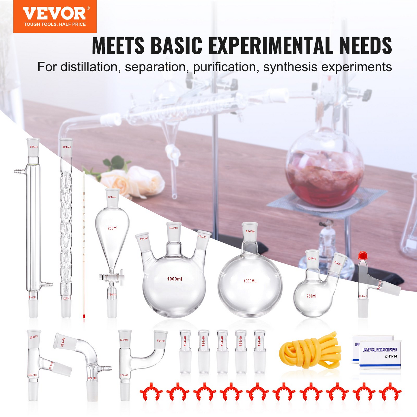 VEVOR Lab Distillation Kit, 3.3 Boro Lab Glassware Distillation Kit with 24, 40 Joint, 1000ml Essential Oil Distillation Apparatus Kit, 29 pcs Set of Glassware Equipment