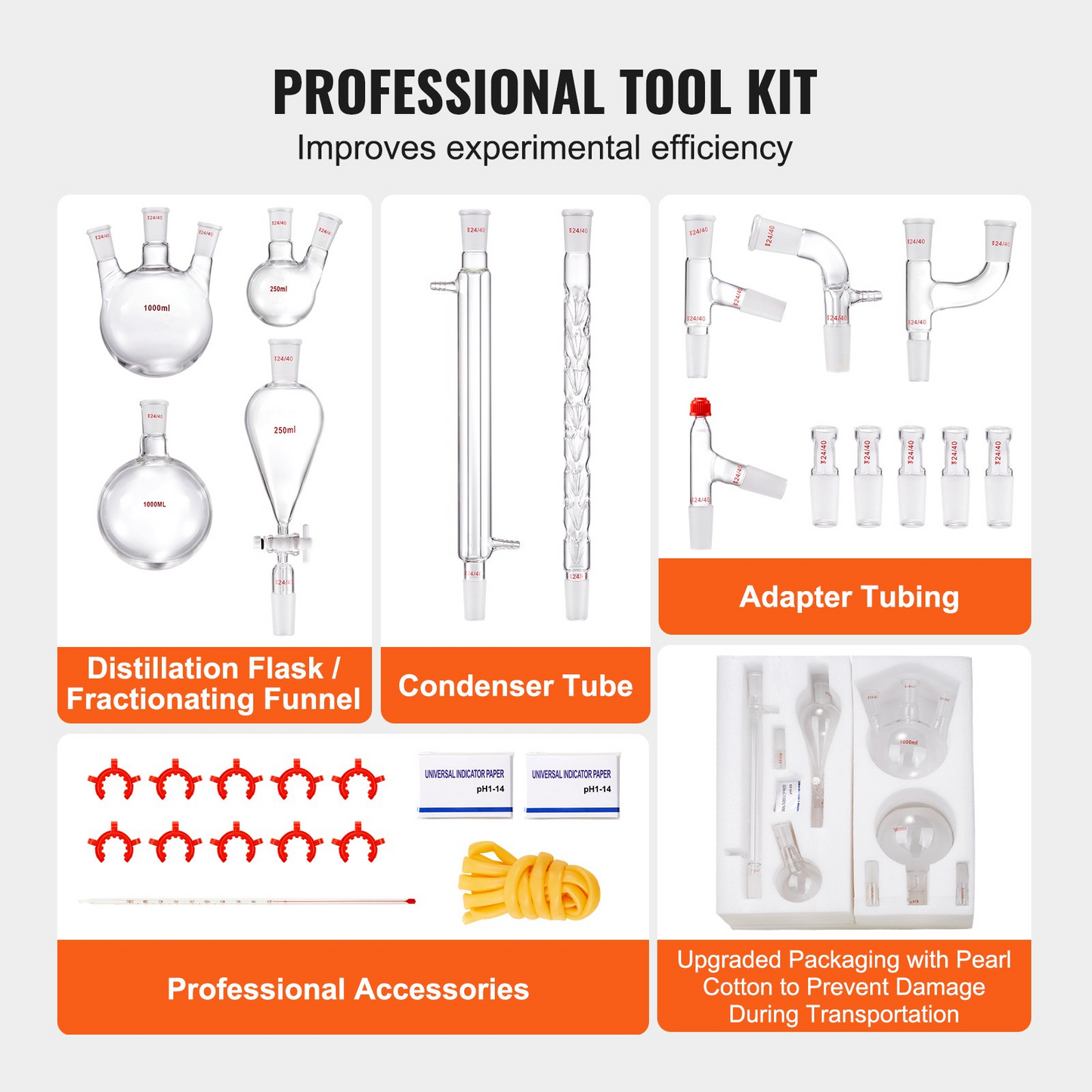 VEVOR Lab Distillation Kit, 3.3 Boro Lab Glassware Distillation Kit with 24, 40 Joint, 1000ml Essential Oil Distillation Apparatus Kit, 29 pcs Set of Glassware Equipment