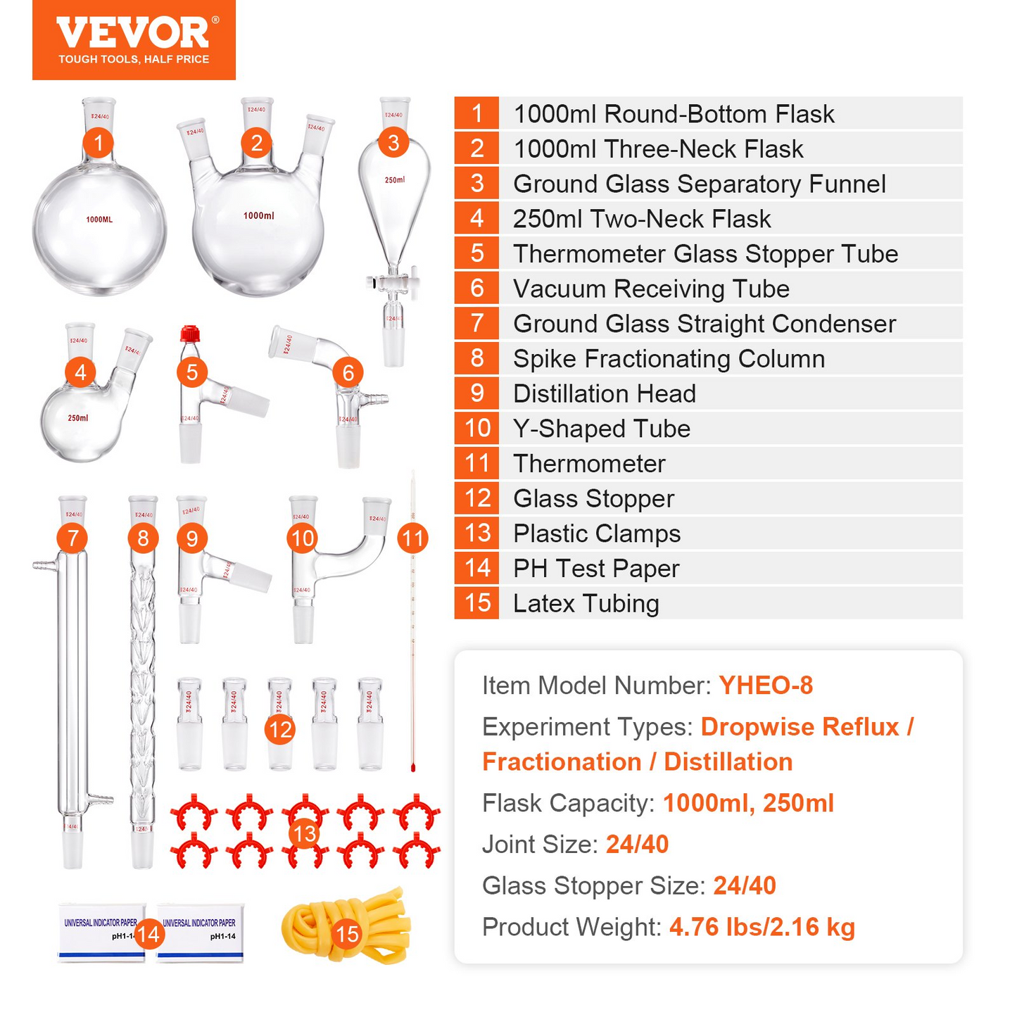 VEVOR Lab Distillation Kit, 3.3 Boro Lab Glassware Distillation Kit with 24, 40 Joint, 1000ml Essential Oil Distillation Apparatus Kit, 29 pcs Set of Glassware Equipment