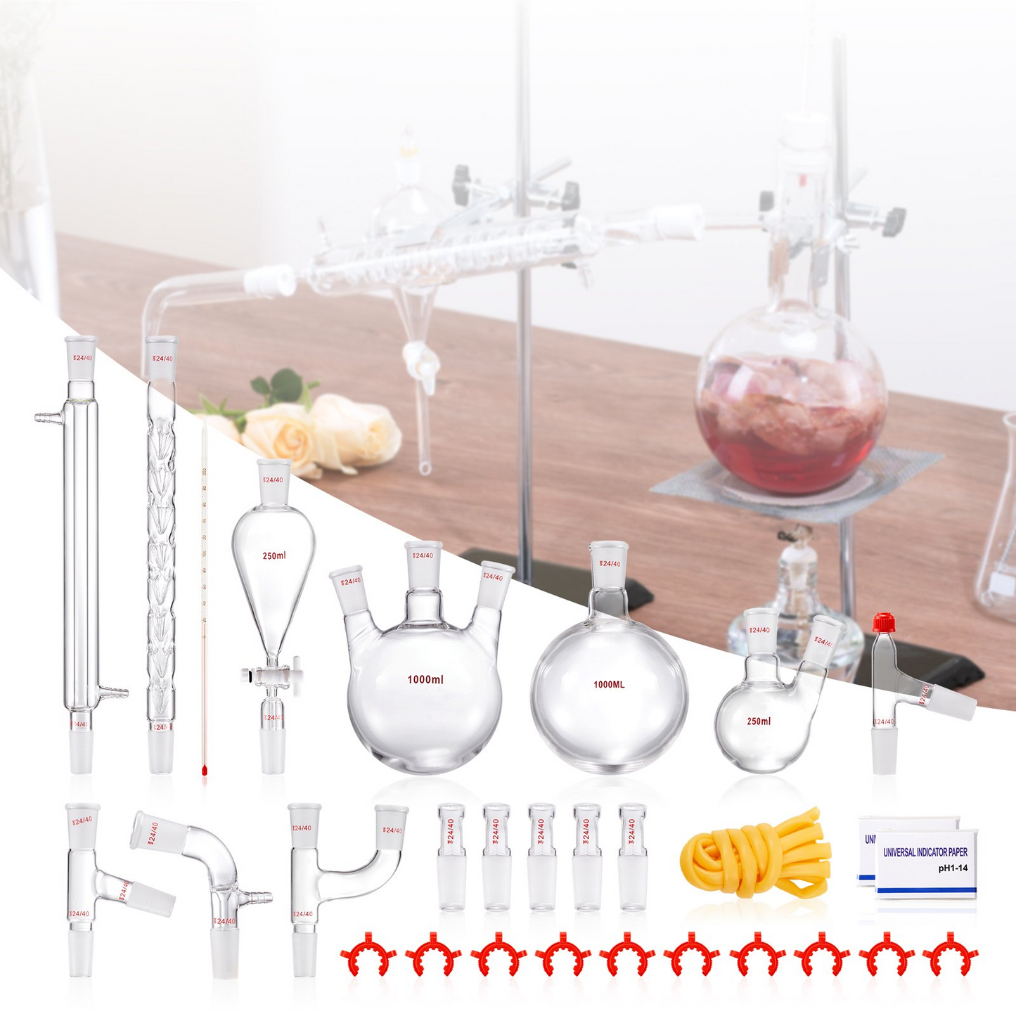 VEVOR Lab Distillation Kit, 3.3 Boro Lab Glassware Distillation Kit with 24, 40 Joint, 1000ml Essential Oil Distillation Apparatus Kit, 29 pcs Set of Glassware Equipment