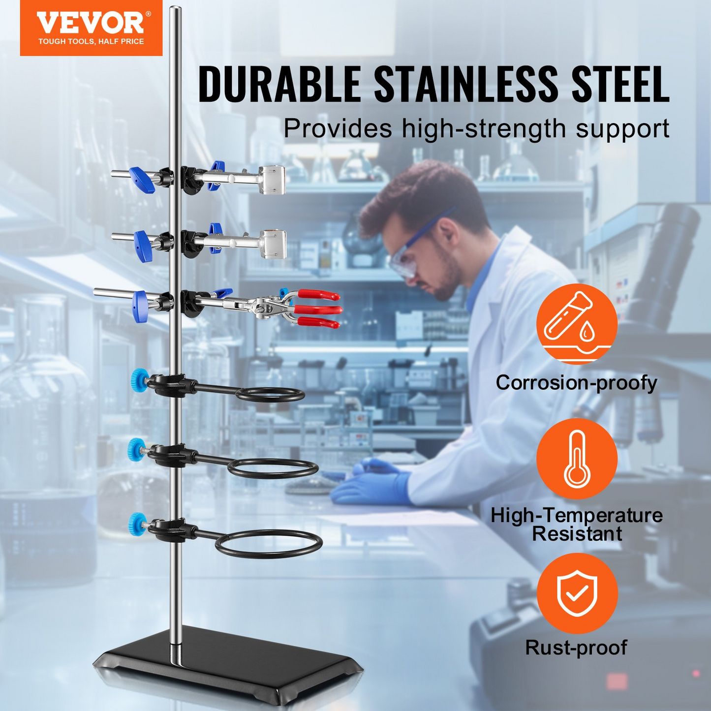 VEVOR Lab Stand Support, Laboratory Retort Support Stand Set, Steel Lab Stand 23.6" Rod and 8.3" x 5.7" Cast Iron Base, Includes Flask Clamps, a Burette Clamp and Cross Clamps