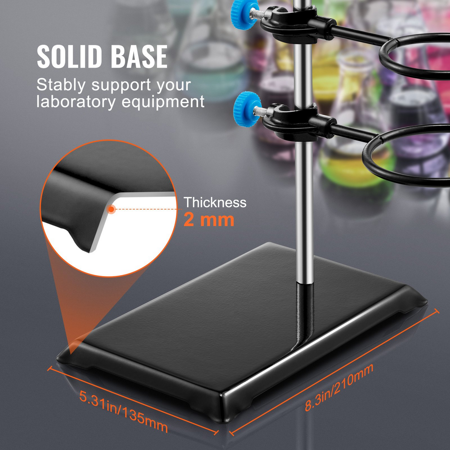 VEVOR Lab Stand Support, Laboratory Retort Support Stand Set, Steel Lab Stand 23.6" Rod and 8.3" x 5.7" Cast Iron Base, Includes Flask Clamps, a Burette Clamp and Cross Clamps