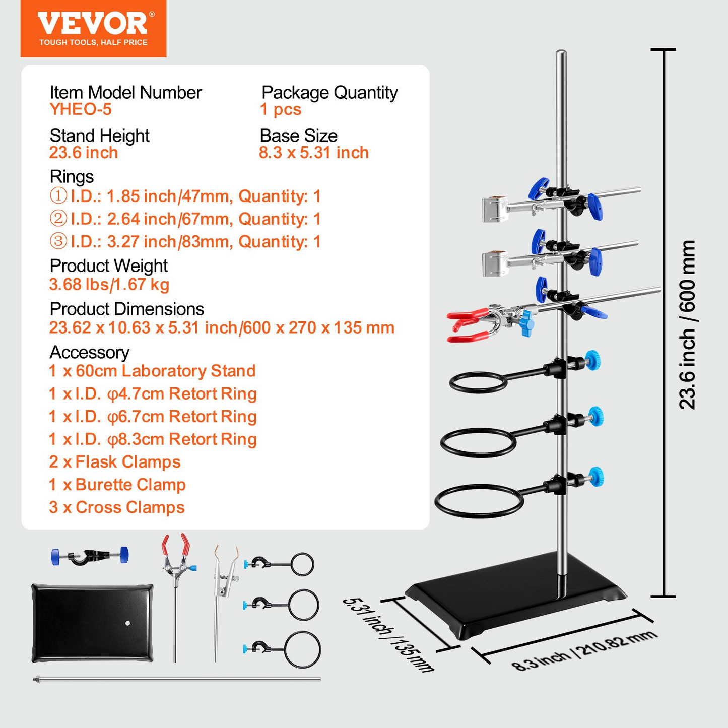 VEVOR Lab Stand Support, Laboratory Retort Support Stand Set, Steel Lab Stand 23.6" Rod and 8.3" x 5.7" Cast Iron Base, Includes Flask Clamps, a Burette Clamp and Cross Clamps