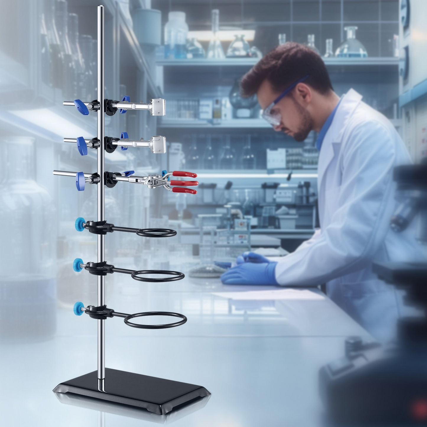 VEVOR Lab Stand Support, Laboratory Retort Support Stand Set, Steel Lab Stand 23.6" Rod and 8.3" x 5.7" Cast Iron Base, Includes Flask Clamps, a Burette Clamp and Cross Clamps