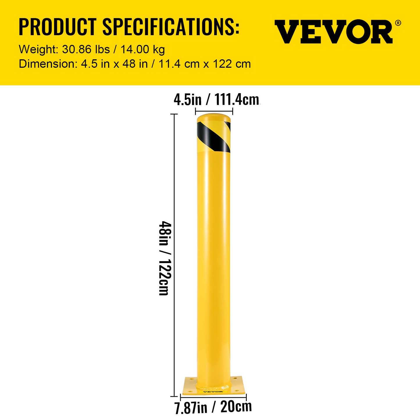 VEVOR Safety Bollard, 48 Inch Height Bollard Post, 4.5 Inch Diameter Steel Pipe Safety Bollard Post, Yellow Steel Bollard, Steel Safety Bollard with 8 Anchor Bolts, Perfect for Traffic-Sensitive Area