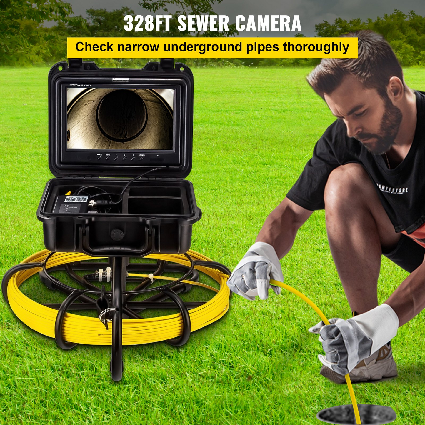 VEVOR Sewer Camera, 328ft/100m Cable, Waterproof IP68 Sewer Video Inspection Equipment, Drain Camera with 16 GB SD Card, DVR Function, 720P 9" LCD Monitor, LED Lights