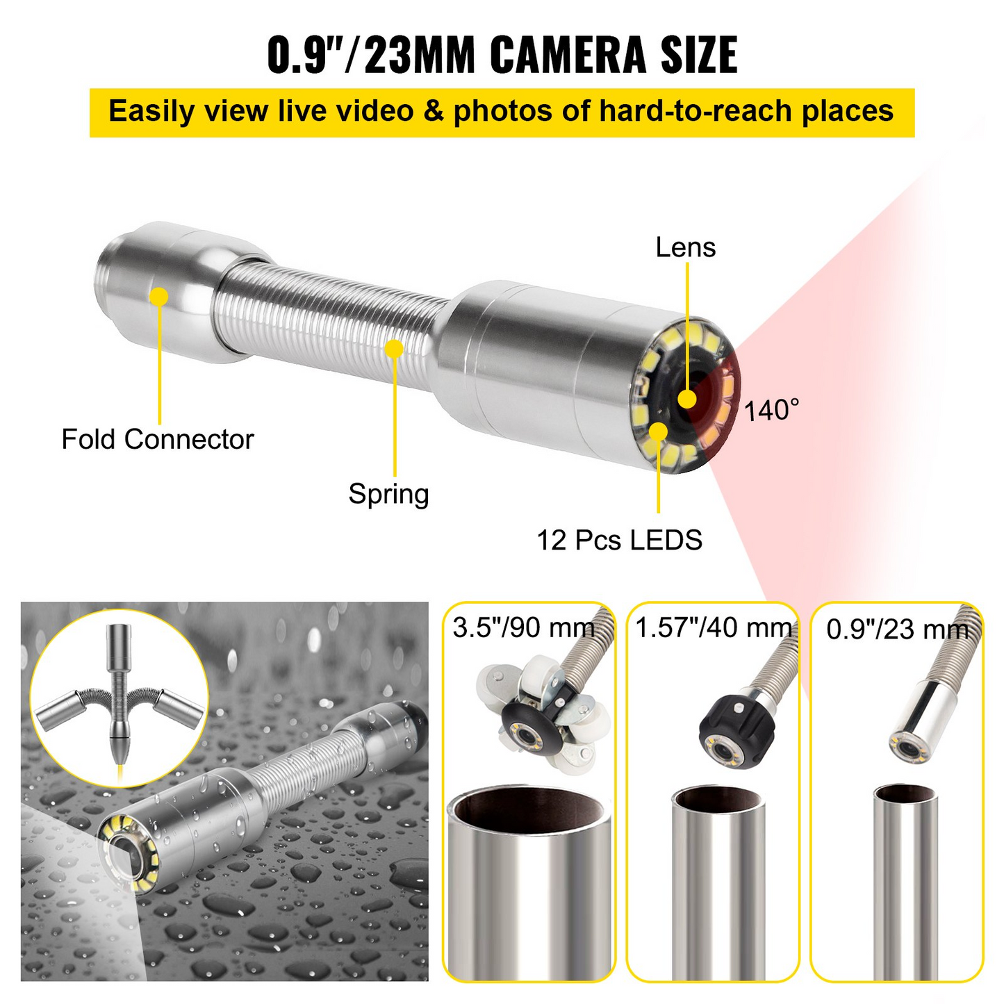 VEVOR Sewer Camera, 328ft/100m Cable, Waterproof IP68 Sewer Video Inspection Equipment, Drain Camera with 16 GB SD Card, DVR Function, 720P 9" LCD Monitor, LED Lights