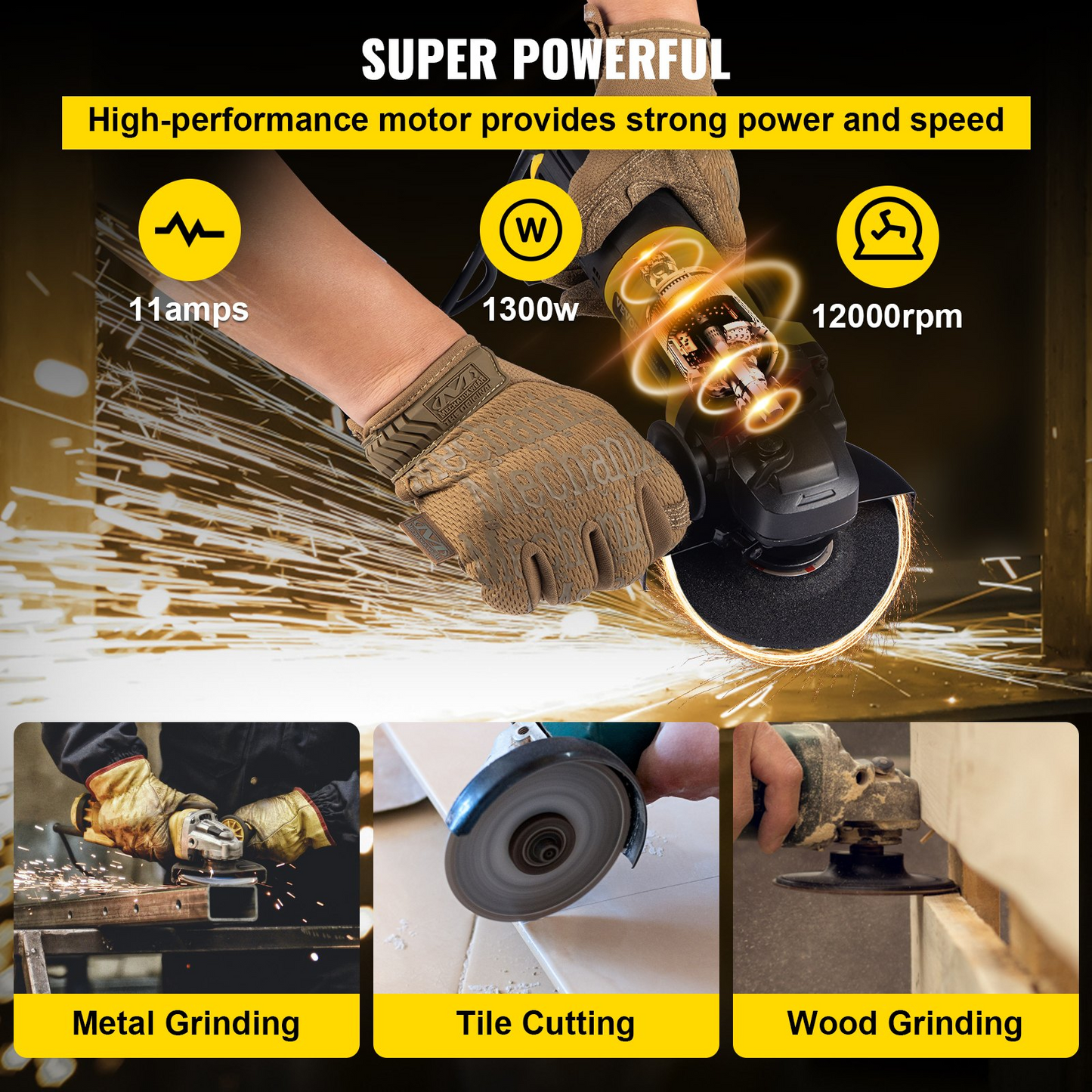 VEVOR Angle Grinder, 4-1/2 Inch Powerful Grinder Tool 11Amp Power Grinder with Paddle Switch and 360° Rotational Guard, 12000rpm Power Angle Grinders for Cutting and Grinding Metal, Stone, Wood, etc