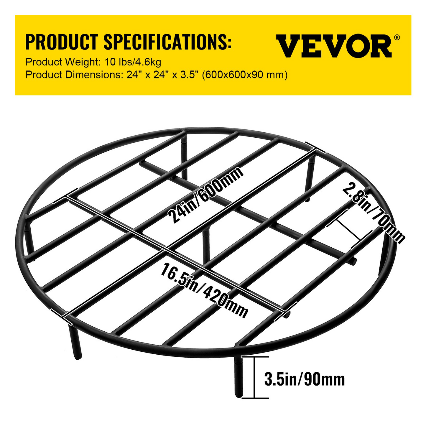 VEVOR Fire Pit Grate, Heavy Duty Iron Round Firewood Grate, Round Wood Fire Pit Grate 24", Firepit Grate with Black Paint, Fire Grate with 7 Removable Round Legs for Burning Fireplace and Firepits