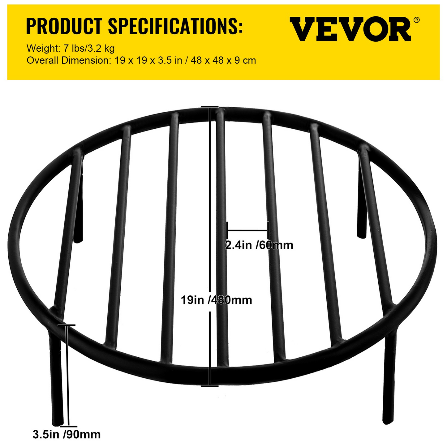 VEVOR Fire Pit Grate, Heavy Duty Iron Round Firewood Grate, Round Wood Fire Pit Grate 19", Firepit Grate with Black Paint, Fire Grate with 4 Removable Round Legs for Burning Fireplace and Firepits