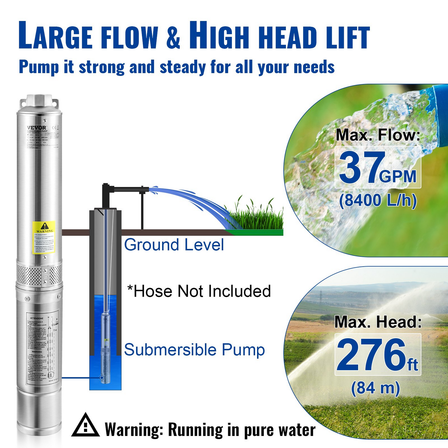 VEVOR Deep Well Submersible Pump, 1.5HP 230V/60Hz, 37gpm 276ft Head, with 33ft Electric Cord, 4" Stainless Steel Water Pumps for Industrial, Irrigation and Home Use, IP68 Waterproof Grade