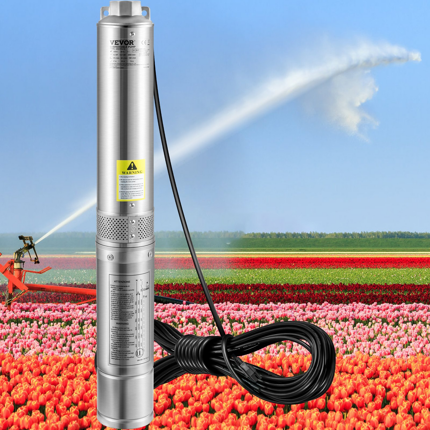 VEVOR Deep Well Submersible Pump, 1.5HP 230V/60Hz, 37gpm 276ft Head, with 33ft Electric Cord, 4" Stainless Steel Water Pumps for Industrial, Irrigation and Home Use, IP68 Waterproof Grade