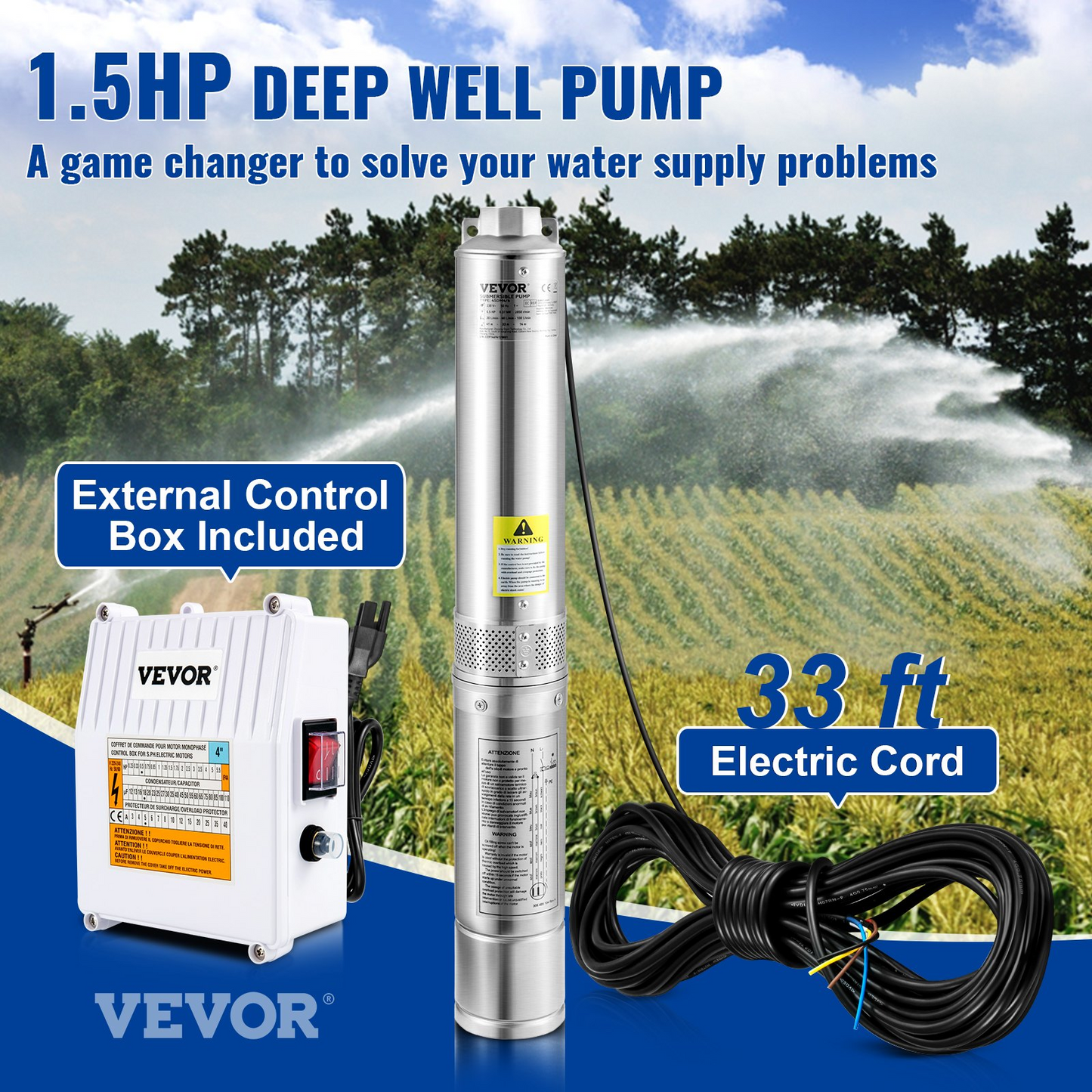 VEVOR Deep Well Submersible Pump, 1.5HP 115V/60Hz, 37gpm 276ft Head, with 33ft Cord & External Control Box, 4" Stainless Steel Water Pump for Industrial, Irrigation and Home Use, IP68 Waterproof