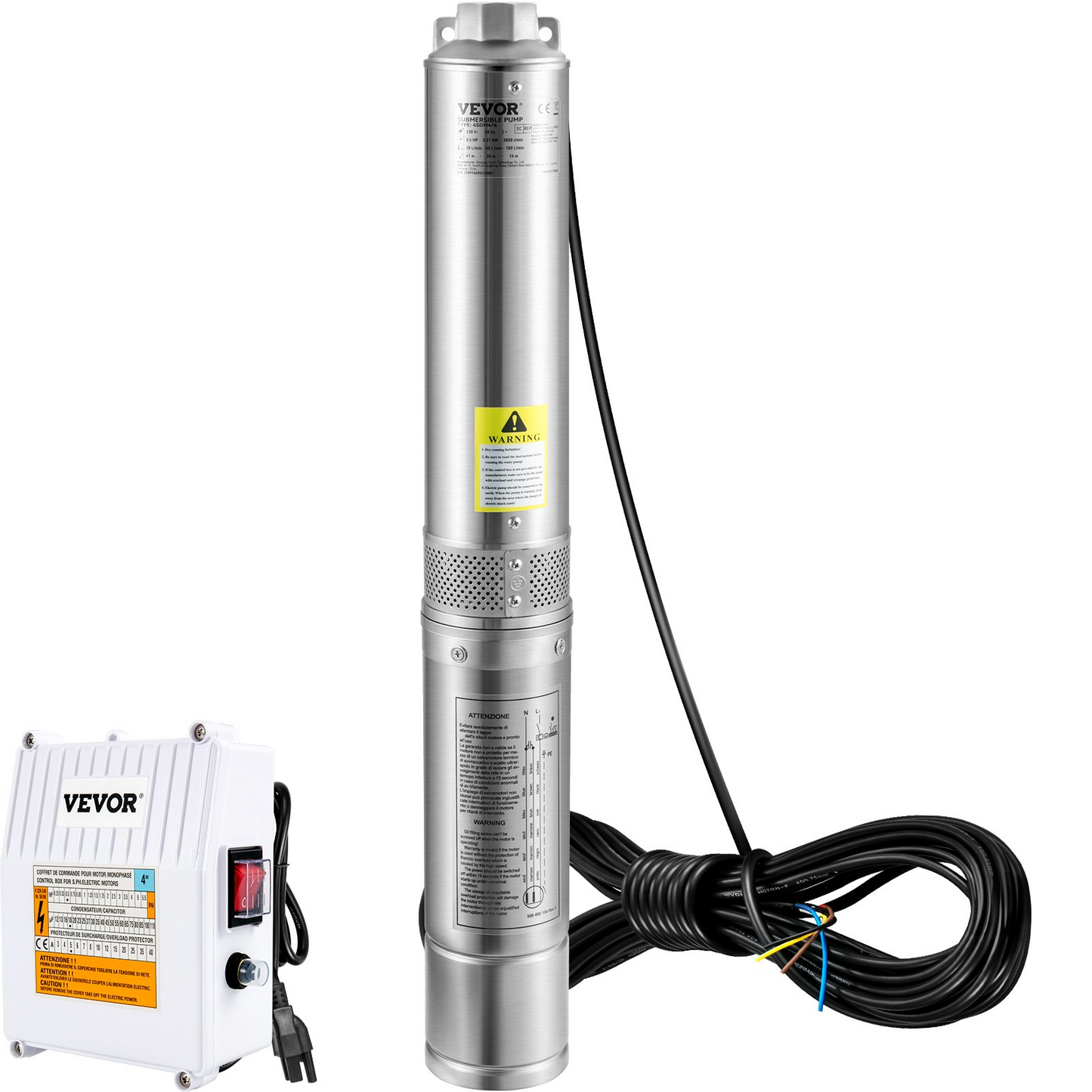 VEVOR Deep Well Submersible Pump, 1.5HP 115V/60Hz, 37gpm 276ft Head, with 33ft Cord & External Control Box, 4" Stainless Steel Water Pump for Industrial, Irrigation and Home Use, IP68 Waterproof