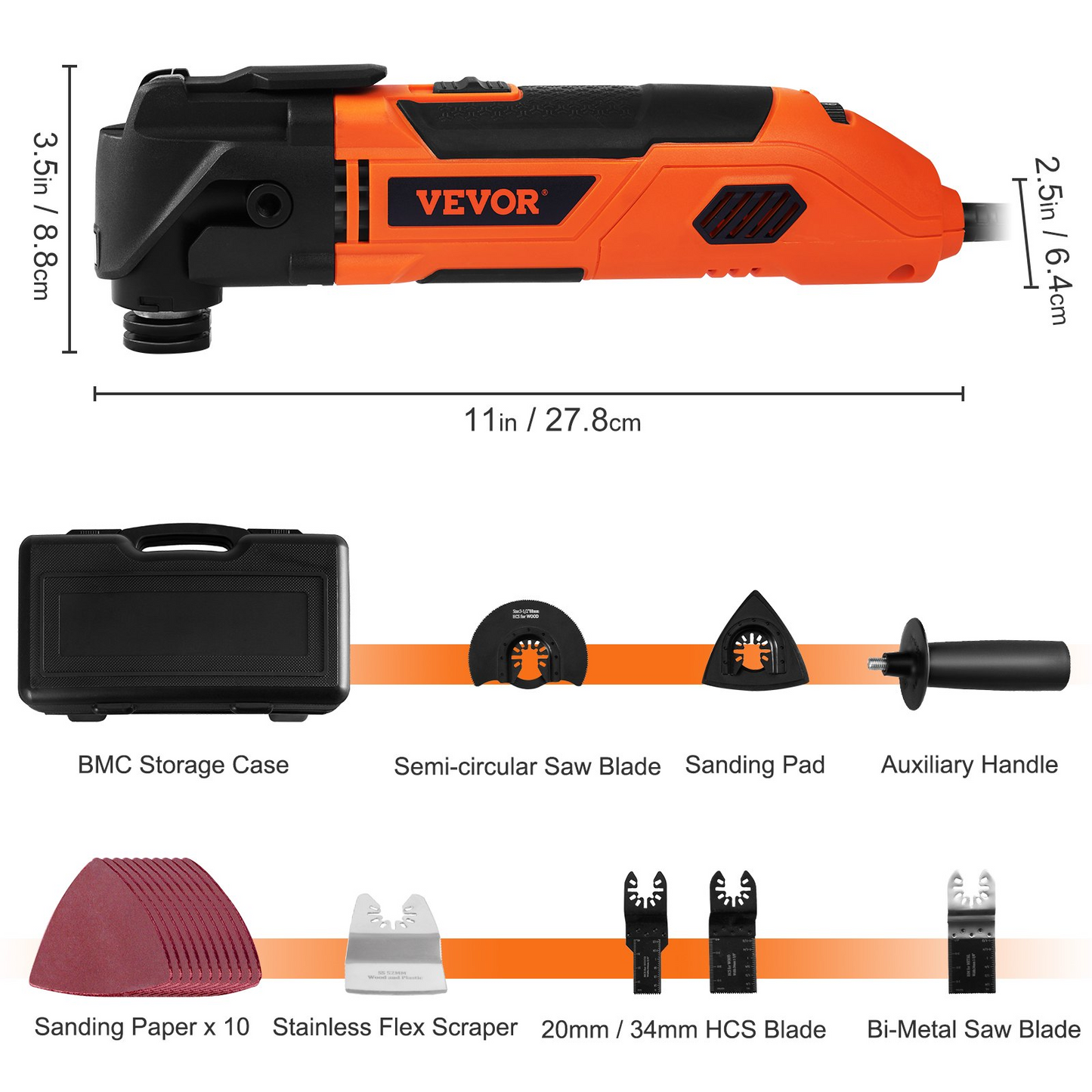 VEVOR Multitool Oscillating Tool Corded 2.5 Amp, Oscillating Saw Tool with LED Light, 6 Variable Speeds, 3.1° Oscillating Angle, 11000-22000 OPM, 16PCS Saw Accessories & BMC Case