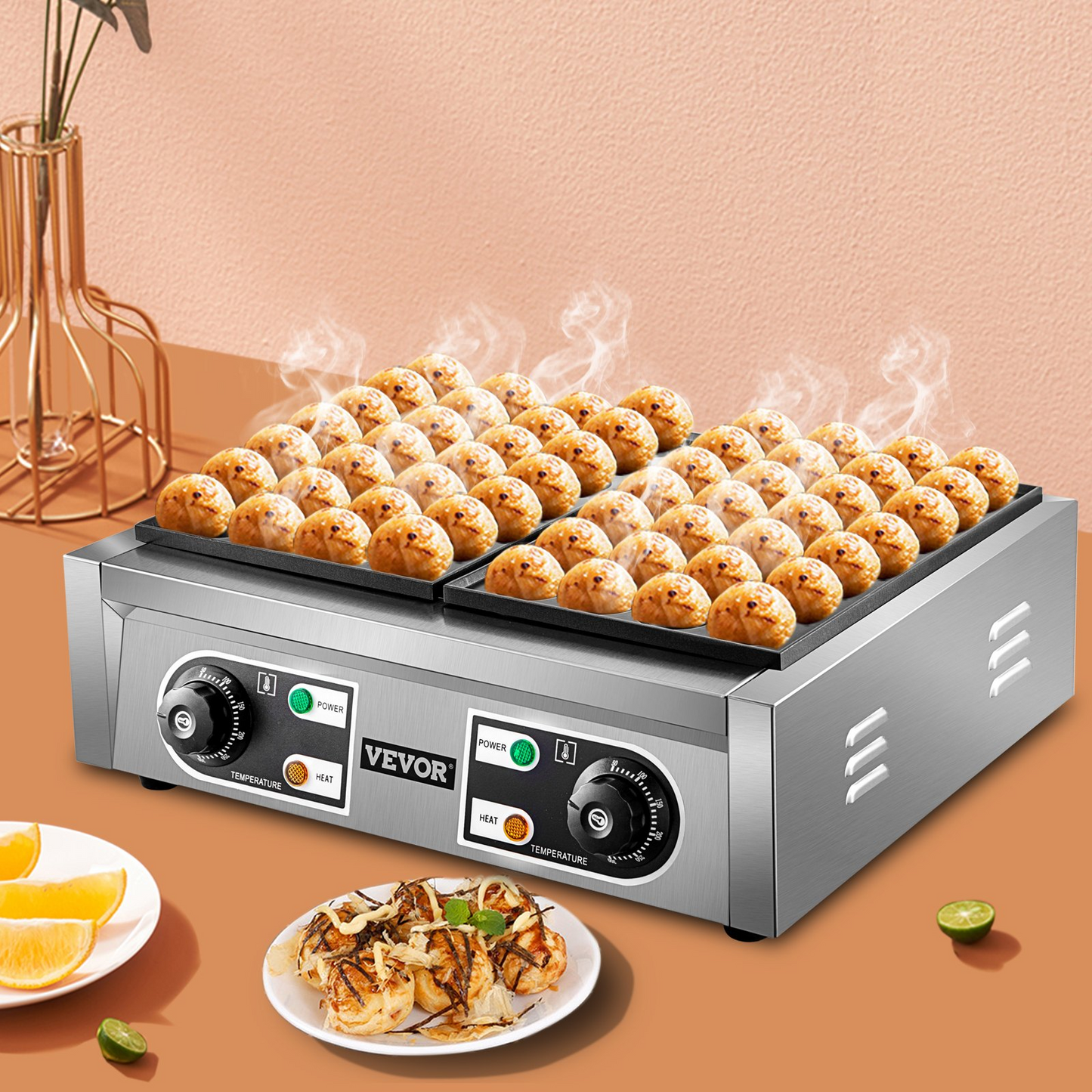 VEVOR Commercial Takoyaki Maker, 56PCs Japanese Octopus Fish Ball Machine, 2kW Heating Takoyaki Grill Maker, Octopus Meatball Machine w/ 2 Non-Stick Plates, Fish Ball Maker w/ Independent Temp Control