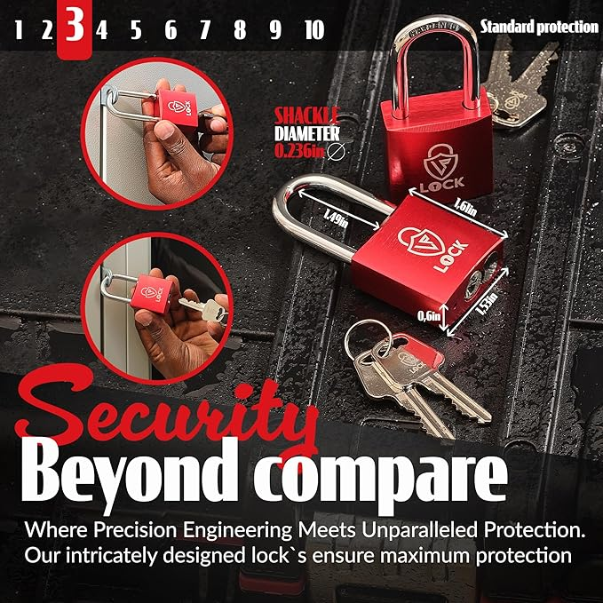 LP LOCK® Pop-Up Padlock. Lockout Anodized Aluminum Lock w/ 3 Keys. Durable, Lightweight, Rust Resistant. for Locker, Fence, Shed, Storage Unit, Toolbox & More - 3.25x1.54x0.55 Inches - Red