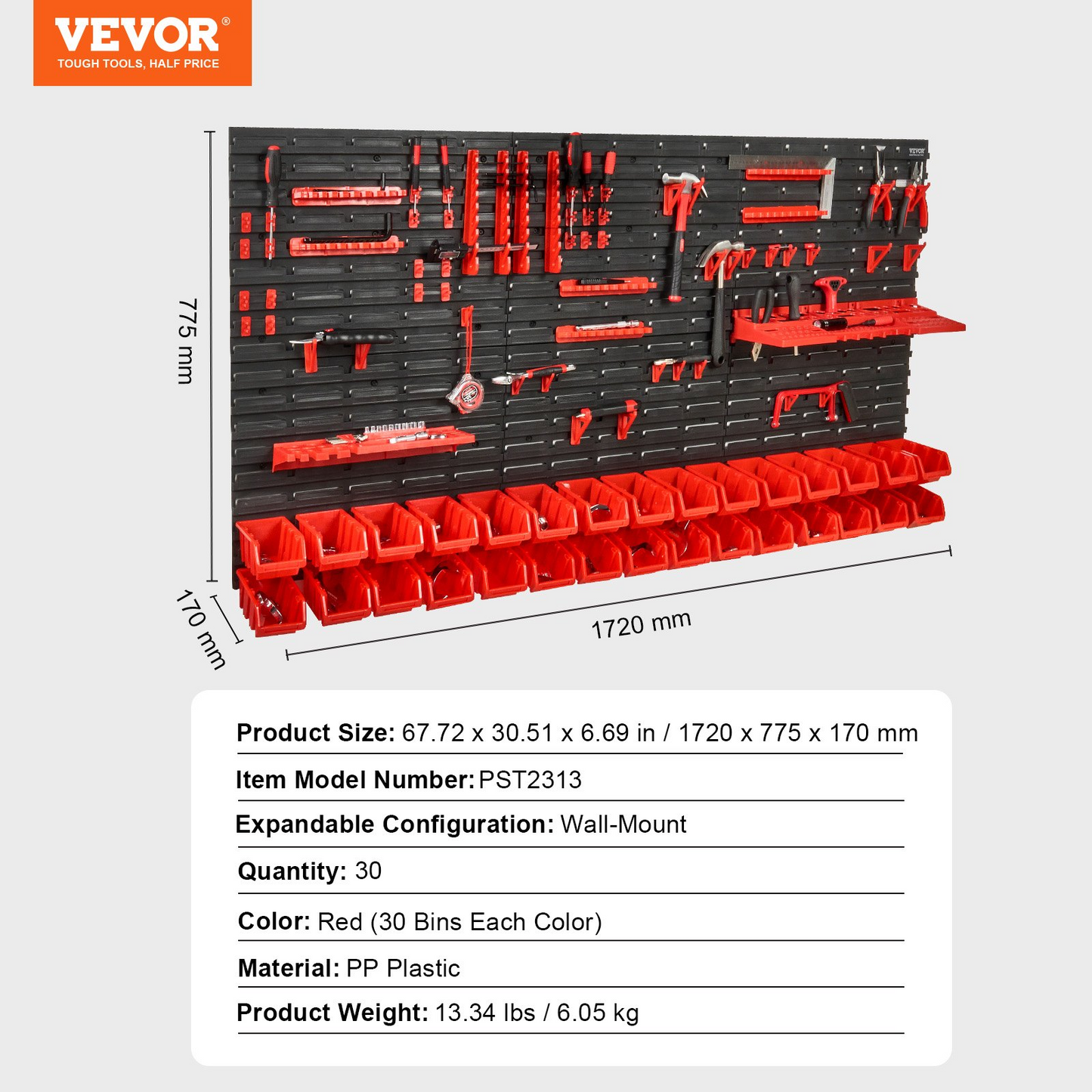 VEVOR Wall Mounted Storage Bins, 30-Bin Parts Rack Organizer Garage Plastic Shop Tool with Wall Panels/Tool Holders/Hooks, Tool Organizer for Nuts, Bolts, Screws, Nails, Beads, Buttons, Black and Red