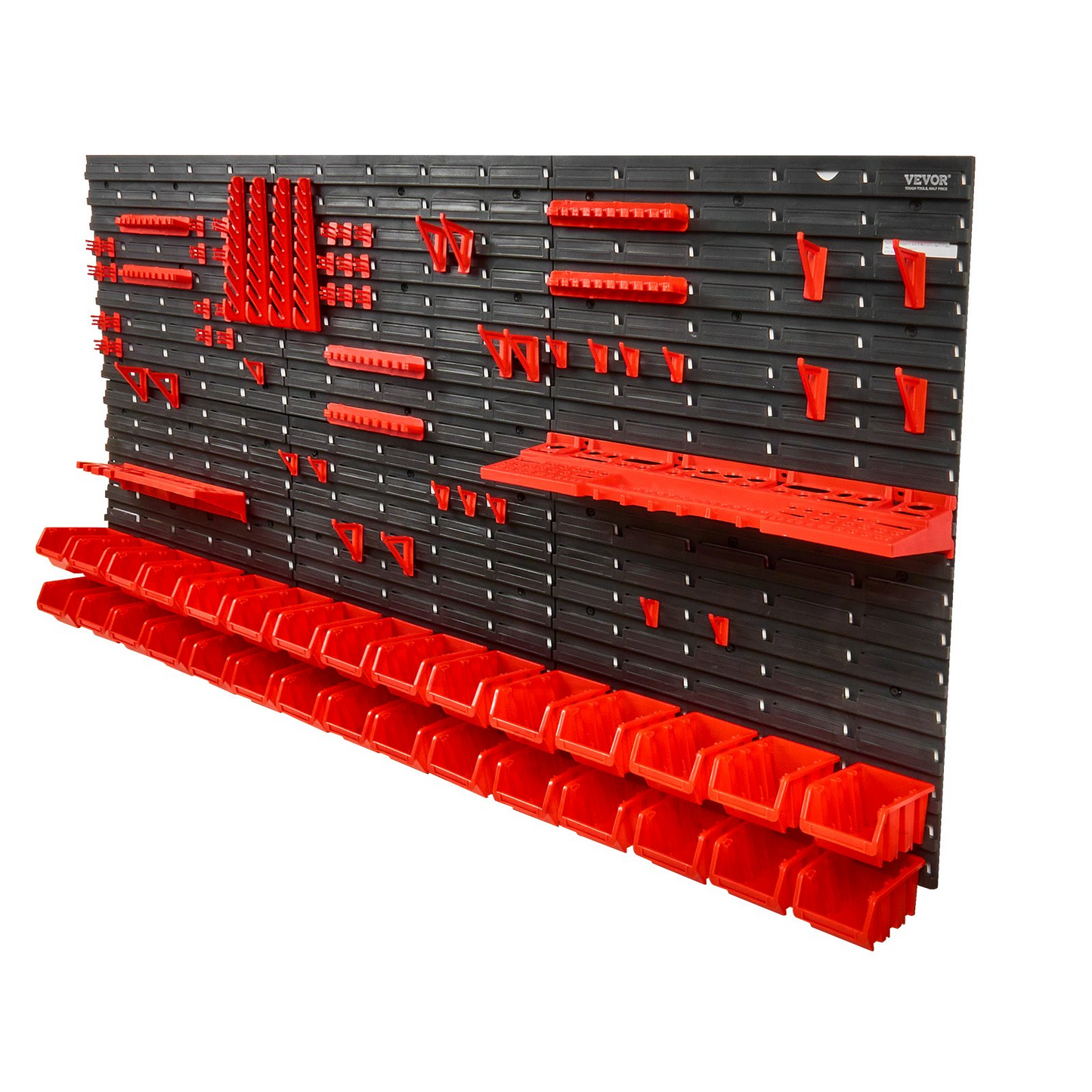 VEVOR Wall Mounted Storage Bins, 30-Bin Parts Rack Organizer Garage Plastic Shop Tool with Wall Panels/Tool Holders/Hooks, Tool Organizer for Nuts, Bolts, Screws, Nails, Beads, Buttons, Black and Red