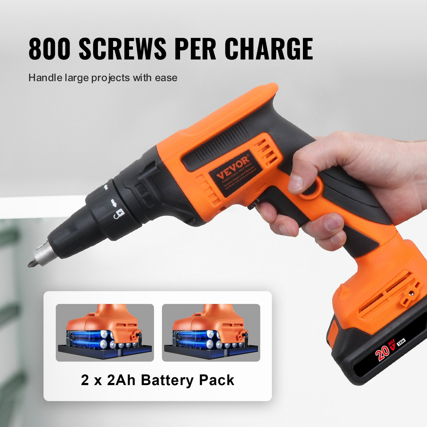 VEVOR Drywall Screw Gun, 20V Max Drywall Screwgun, 4200RPM Brushless Cordless Drywall Gun Kit with 2 Battery Packs, Charger, Belt Clip, and Tool Bag, Forward and Reverse Adjustable, Built-in LED Light