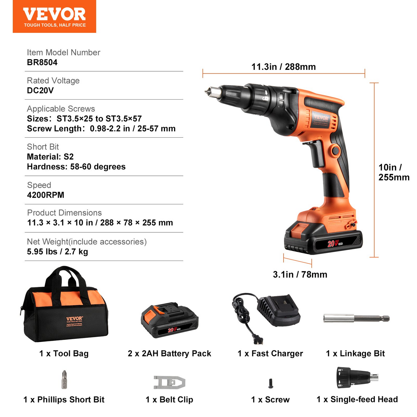 VEVOR Drywall Screw Gun, 20V Max Drywall Screwgun, 4200RPM Brushless Cordless Drywall Gun Kit with 2 Battery Packs, Charger, Belt Clip, and Tool Bag, Forward and Reverse Adjustable, Built-in LED Light