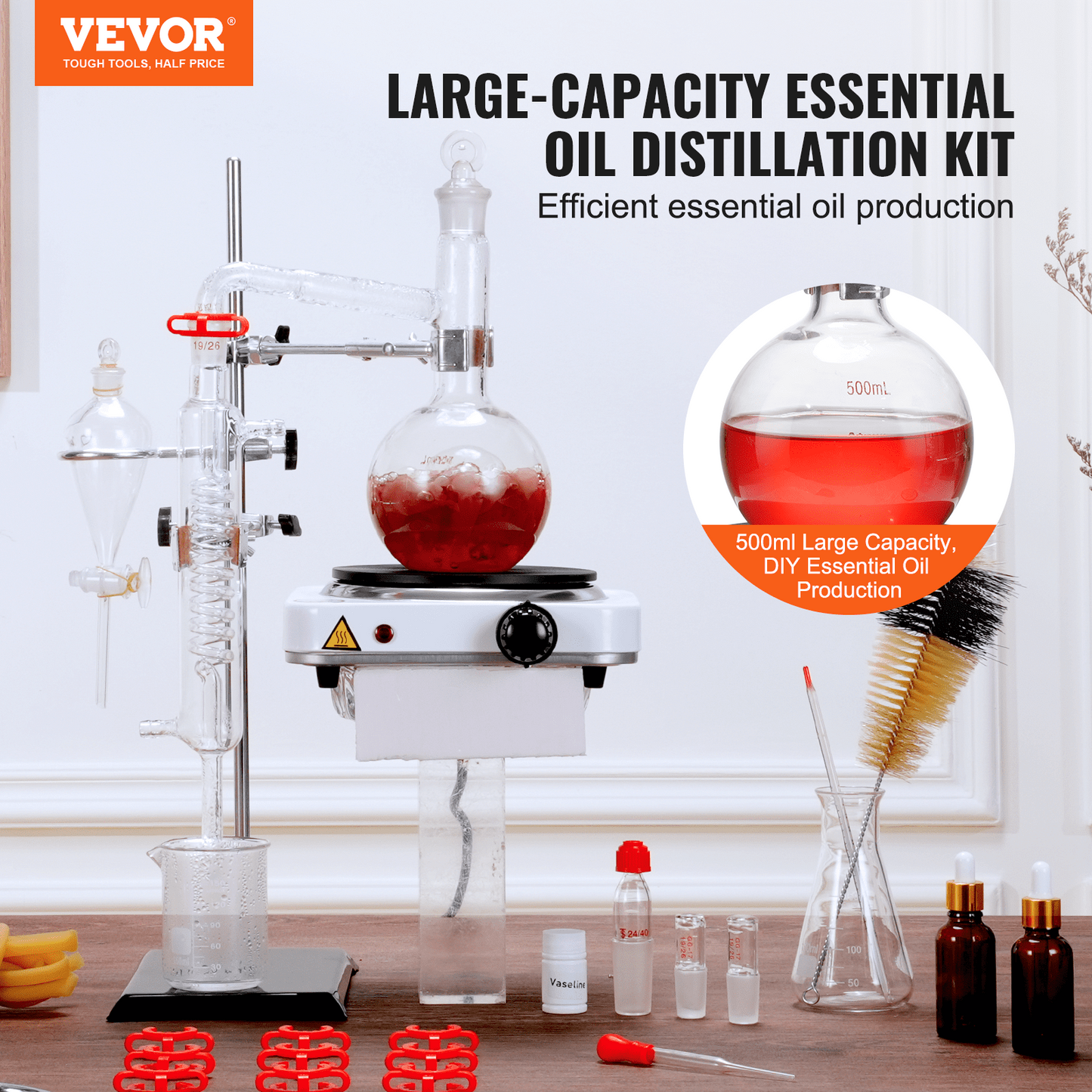 VEVOR Essential Oil Distillation Kit, 500ml Distillation Apparatus, 3.3 Boro Lab Glassware Distillation Kit with 1000W Heating Plate and 24, 40 Joint, 33 pcs Set