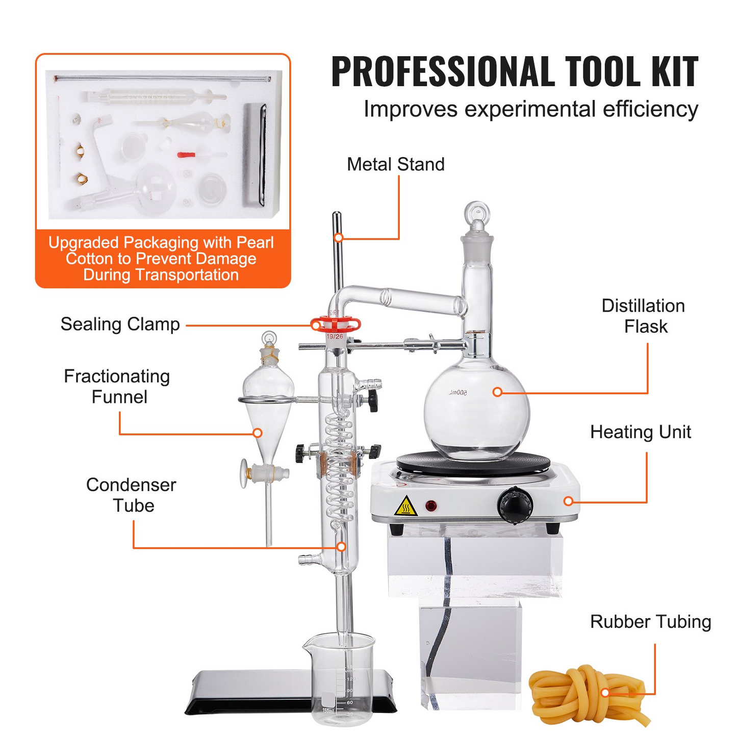 VEVOR Essential Oil Distillation Kit, 500ml Distillation Apparatus, 3.3 Boro Lab Glassware Distillation Kit with 1000W Heating Plate and 24, 40 Joint, 33 pcs Set