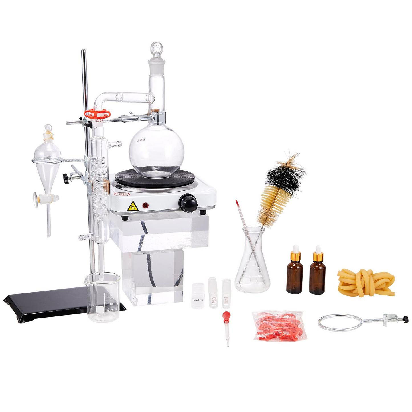 VEVOR Essential Oil Distillation Kit, 500ml Distillation Apparatus, 3.3 Boro Lab Glassware Distillation Kit with 1000W Heating Plate and 24, 40 Joint, 33 pcs Set