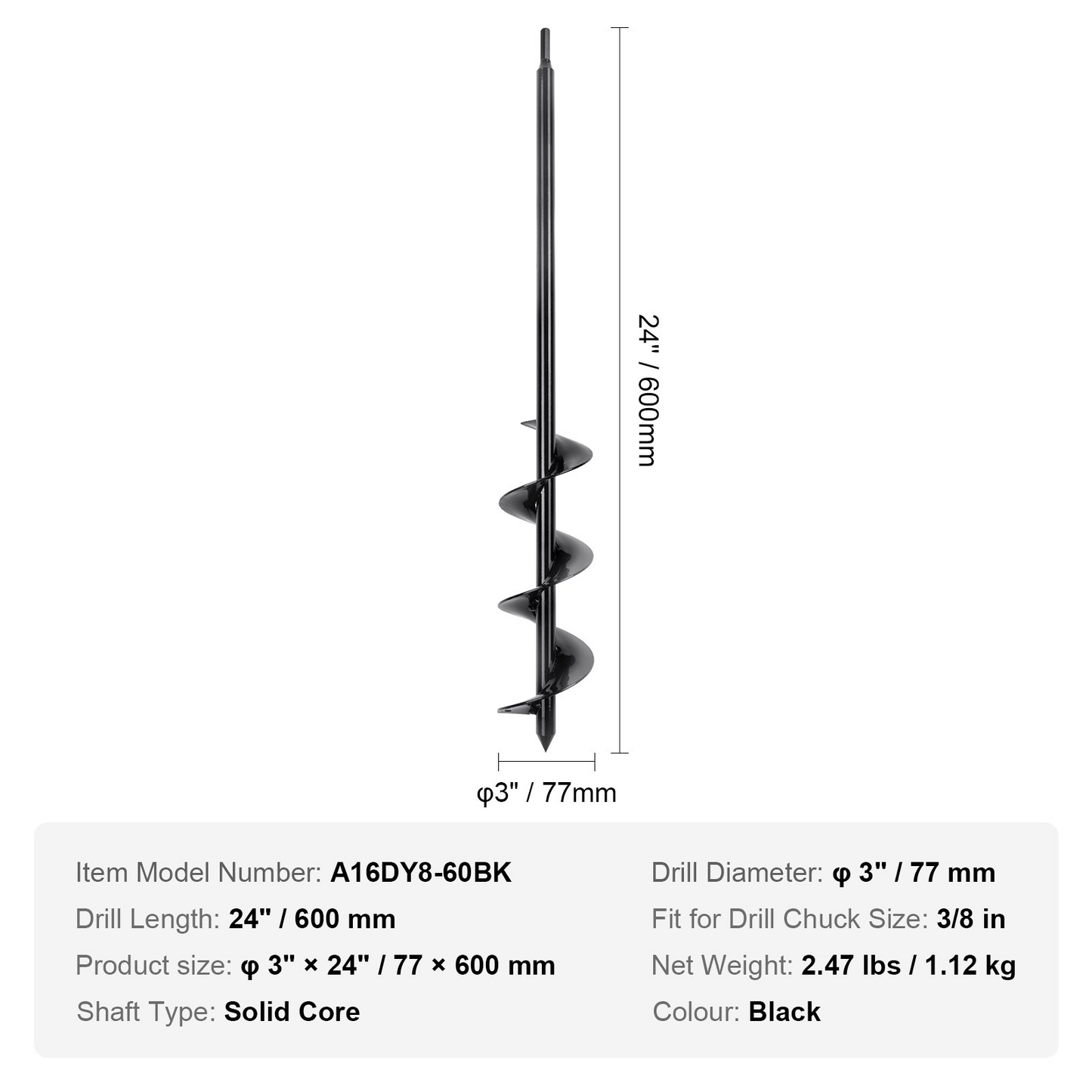 VEVOR Auger Drill Bit for Planting, 3 x 24 inch Garden Auger Drill Bit, Spiral Drill Bit for Bulbs Planting & Holes Digging, 3/8" Hex Drive Drill