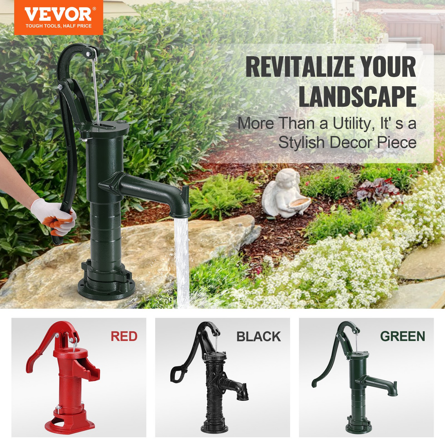 VEVOR Antique Hand Water Pump 14.6 x 5.9 x 26 inch Pitcher Pump w/Handle Cast Iron Well Pump w/ Pre-set 0.5" Holes for Easy Installation Old Fashion Pitcher Hand Pump for Home Yard Ponds Garden Green