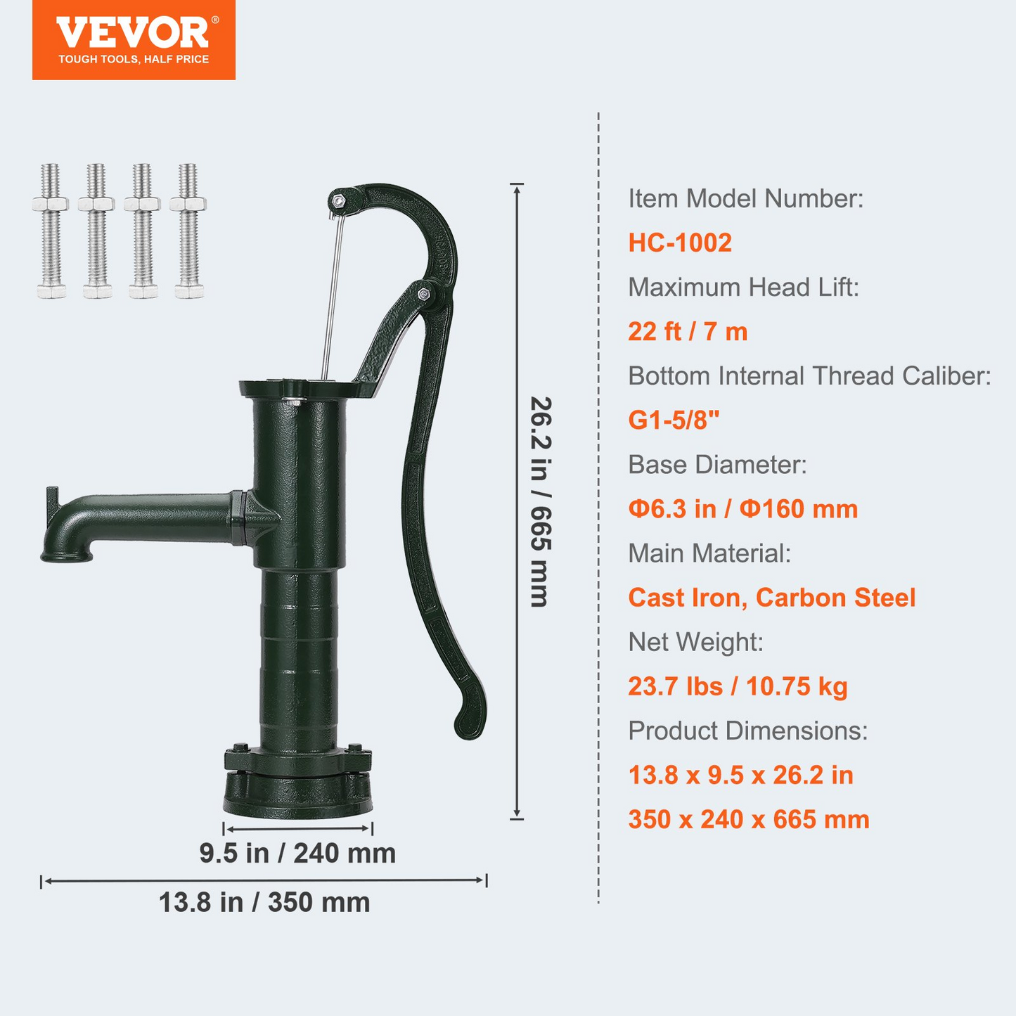 VEVOR Antique Hand Water Pump 14.6 x 5.9 x 26 inch Pitcher Pump w/Handle Cast Iron Well Pump w/ Pre-set 0.5" Holes for Easy Installation Old Fashion Pitcher Hand Pump for Home Yard Ponds Garden Green