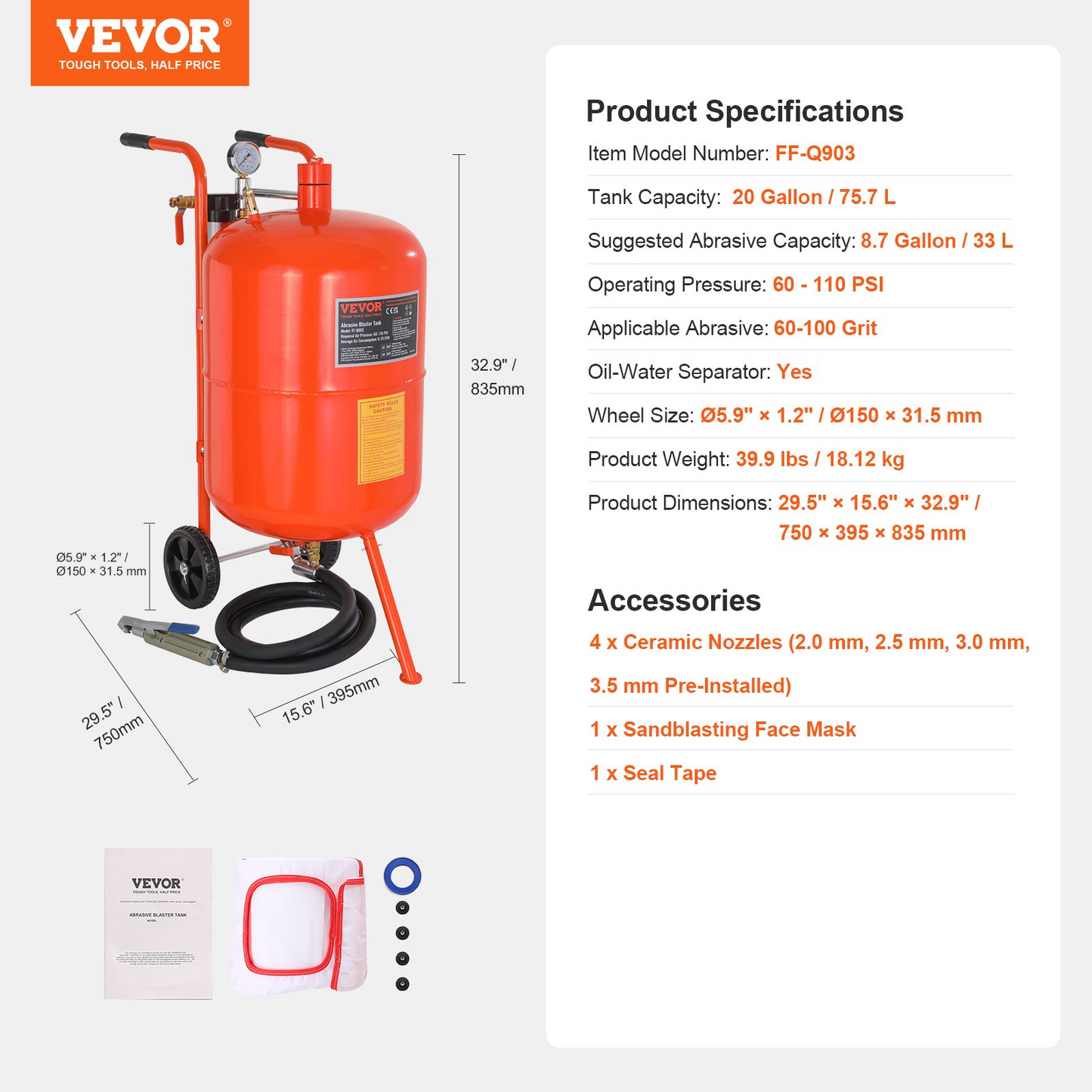 VEVOR 20 Gallon Sand Blaster, 60-110 PSI High Pressure Sandblaster, Portable Abrasive Blasting Tank, Air Sand Blasting Kit with 4 Ceramic Nozzles and Oil-Water Separator for Paint, Stain, Rust Removal