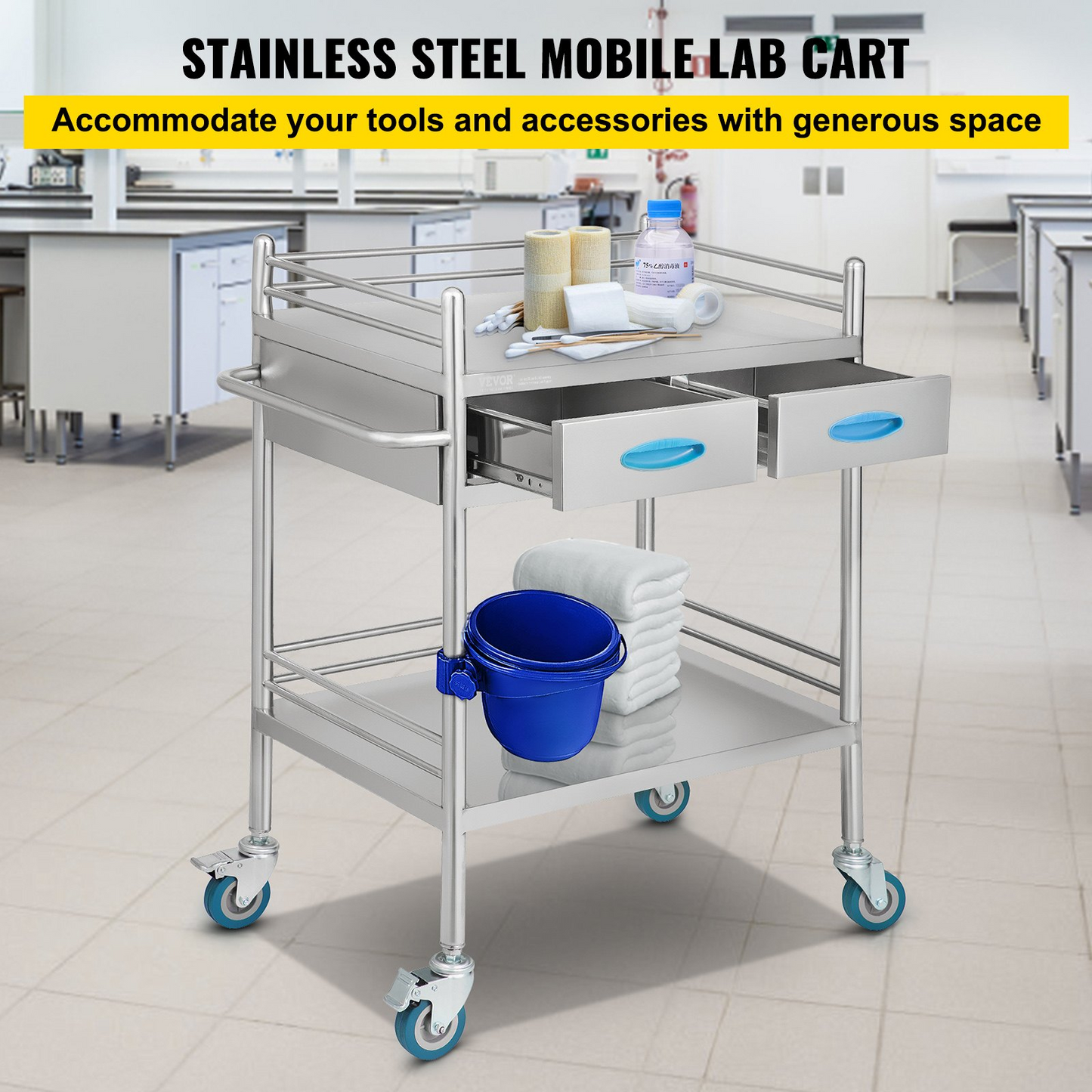 VEVOR Lab Serving Cart, 2 Layers Stainless Steel Utility Rolling Cart, Medical Cart with Two Drawers, Dental Utility Cart with Lockable Wheels and A Bucket, for Laboratory, Hospital, Dental Use