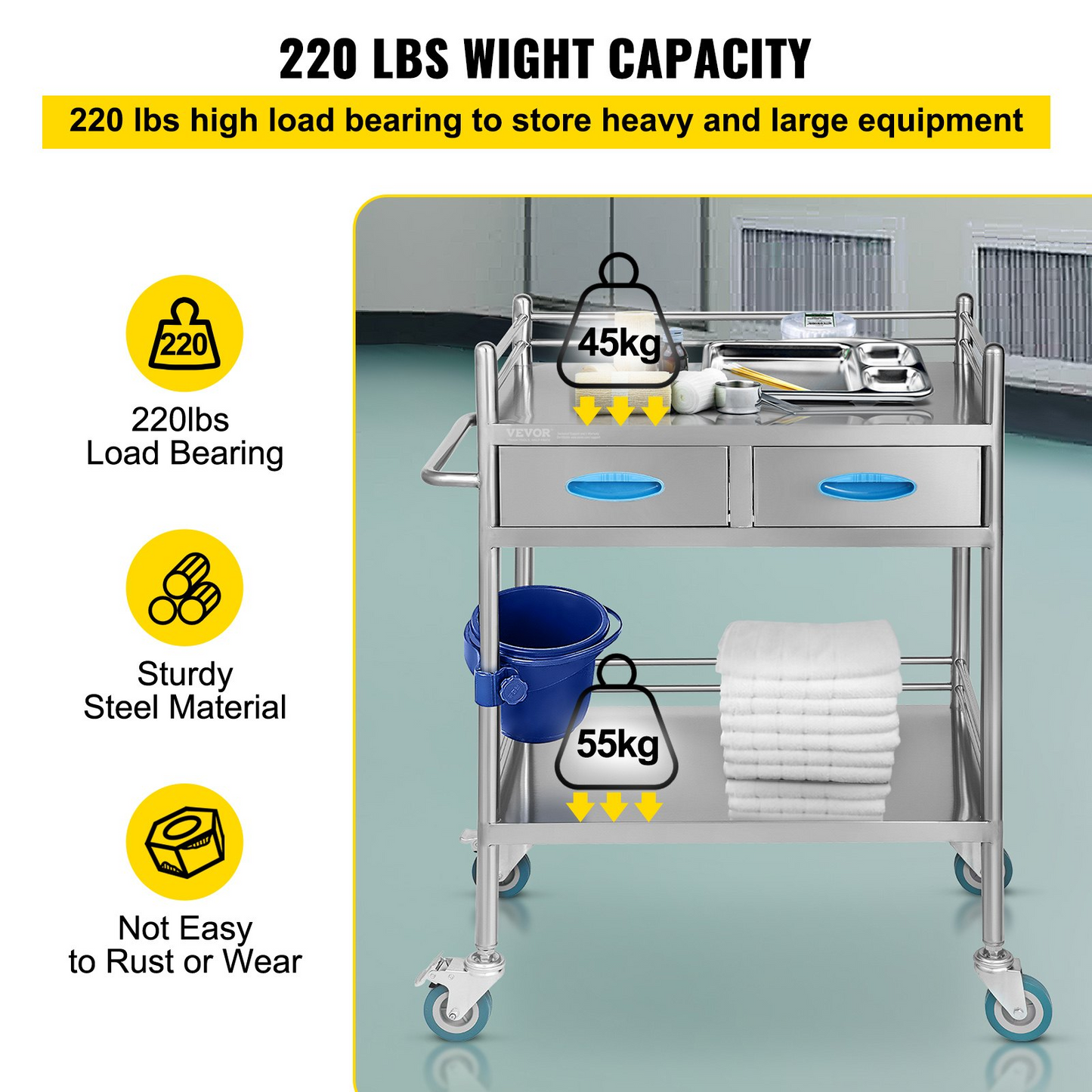VEVOR Lab Serving Cart, 2 Layers Stainless Steel Utility Rolling Cart, Medical Cart with Two Drawers, Dental Utility Cart with Lockable Wheels and A Bucket, for Laboratory, Hospital, Dental Use