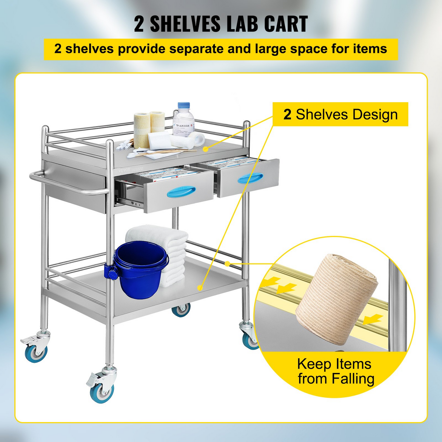 VEVOR Lab Serving Cart, 2 Layers Stainless Steel Utility Rolling Cart, Medical Cart with Two Drawers, Dental Utility Cart with Lockable Wheels and A Bucket, for Laboratory, Hospital, Dental Use