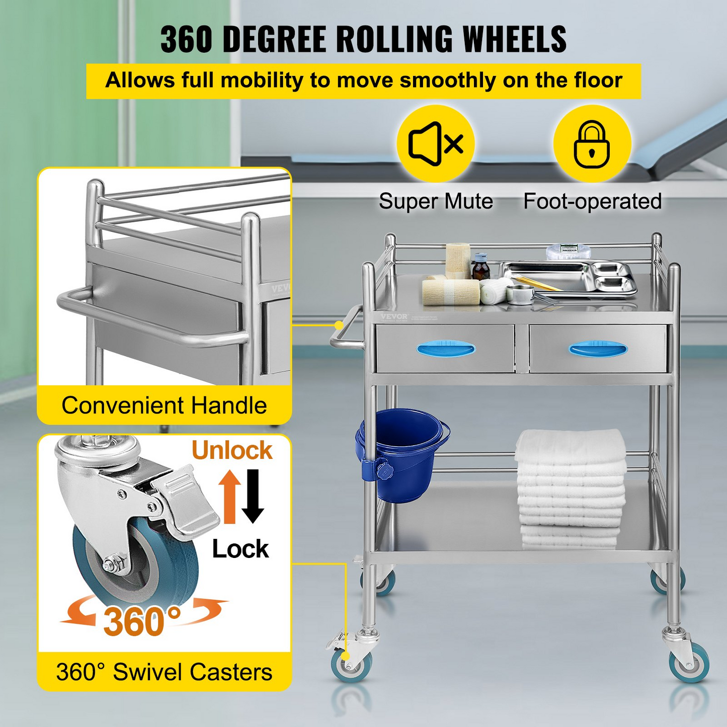 VEVOR Lab Serving Cart, 2 Layers Stainless Steel Utility Rolling Cart, Medical Cart with Two Drawers, Dental Utility Cart with Lockable Wheels and A Bucket, for Laboratory, Hospital, Dental Use