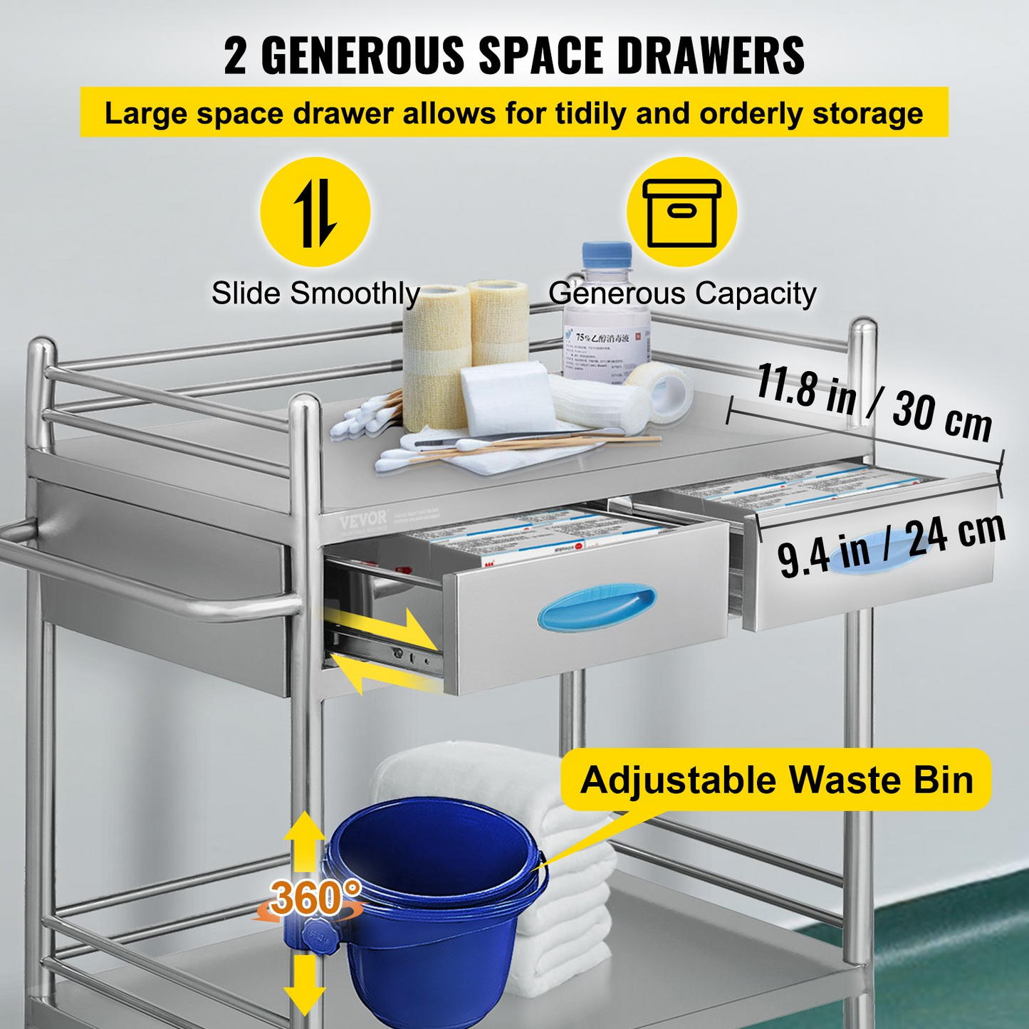 VEVOR Lab Serving Cart, 2 Layers Stainless Steel Utility Rolling Cart, Medical Cart with Two Drawers, Dental Utility Cart with Lockable Wheels and A Bucket, for Laboratory, Hospital, Dental Use