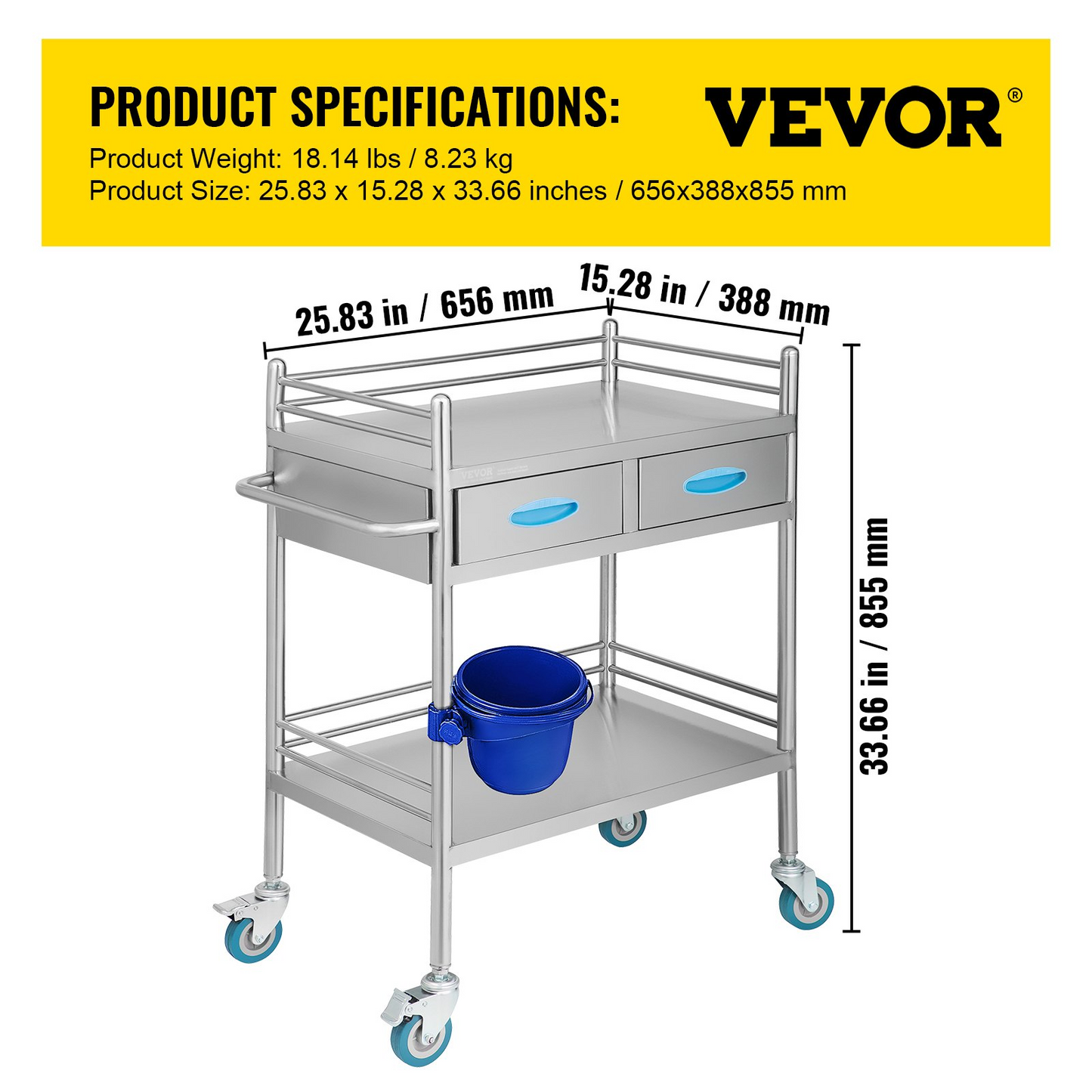 VEVOR Lab Serving Cart, 2 Layers Stainless Steel Utility Rolling Cart, Medical Cart with Two Drawers, Dental Utility Cart with Lockable Wheels and A Bucket, for Laboratory, Hospital, Dental Use