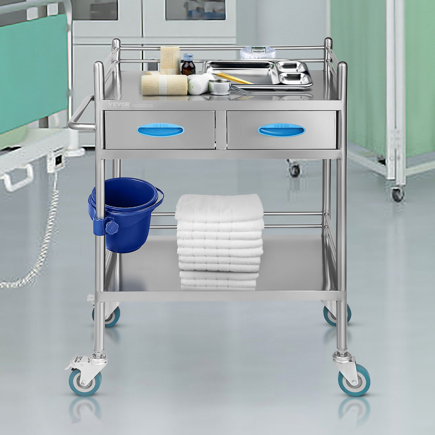 VEVOR Lab Serving Cart, 2 Layers Stainless Steel Utility Rolling Cart, Medical Cart with Two Drawers, Dental Utility Cart with Lockable Wheels and A Bucket, for Laboratory, Hospital, Dental Use