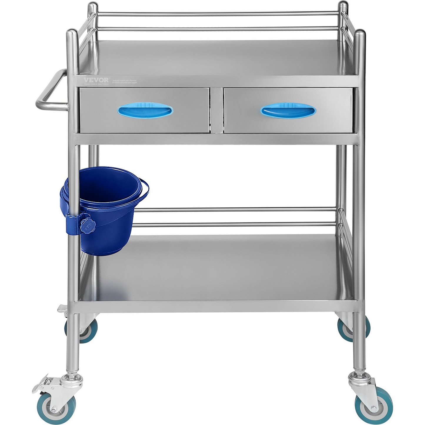 VEVOR Lab Serving Cart, 2 Layers Stainless Steel Utility Rolling Cart, Medical Cart with Two Drawers, Dental Utility Cart with Lockable Wheels and A Bucket, for Laboratory, Hospital, Dental Use