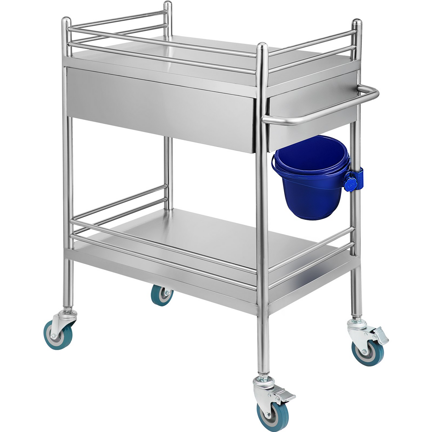 VEVOR Lab Serving Cart, 2 Layers Stainless Steel Utility Rolling Cart, Medical Cart with Two Drawers, Dental Utility Cart with Lockable Wheels and A Bucket, for Laboratory, Hospital, Dental Use