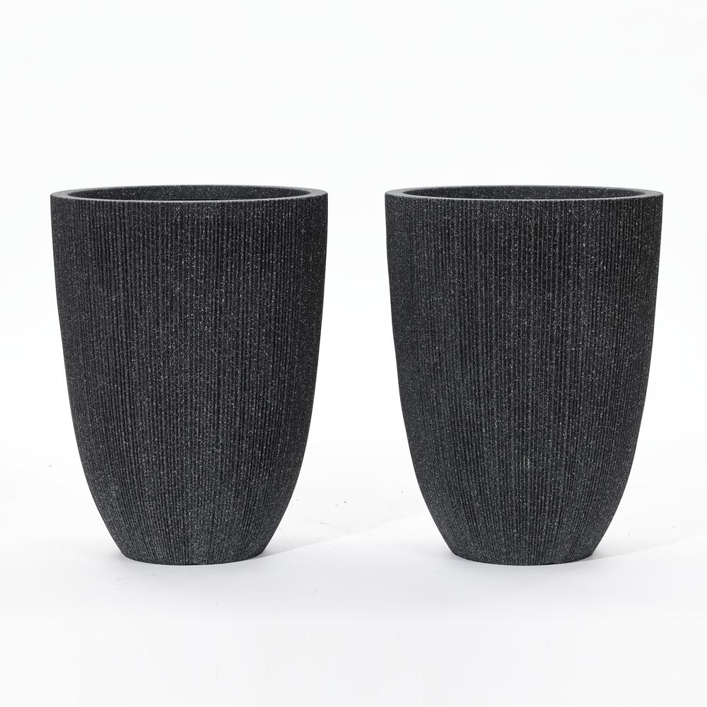 2-Piece Tall Tapered Round Plastic Planters Set, Mediterranean Black