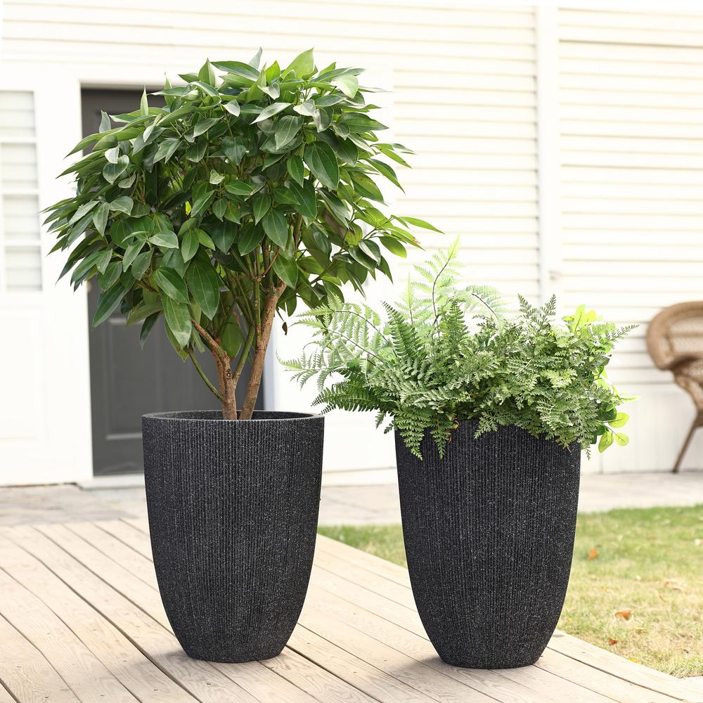 2-Piece Tall Tapered Round Plastic Planters Set, Mediterranean Black