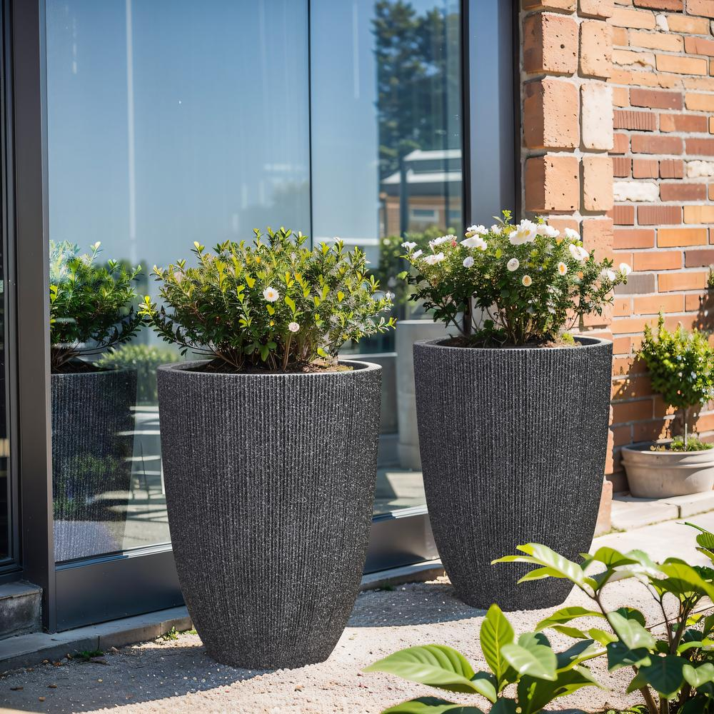 2-Piece Tall Tapered Round Plastic Planters Set, Mediterranean Black