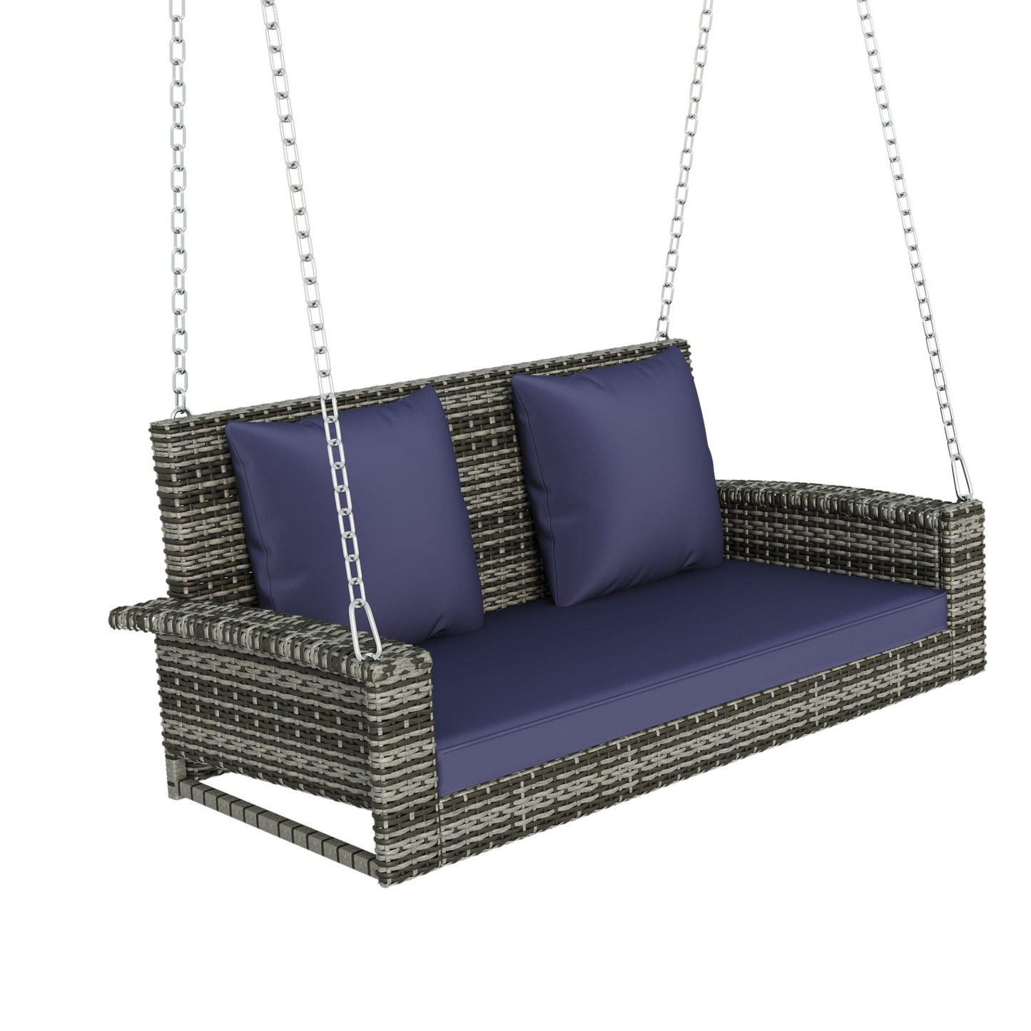 2-Person Wicker Hanging Porch Swing with Chains, Cushion, Pillow, Rattan Swing Bench for Garden, Backyard, Pond. (Gray Wicker, Blue Cushion)