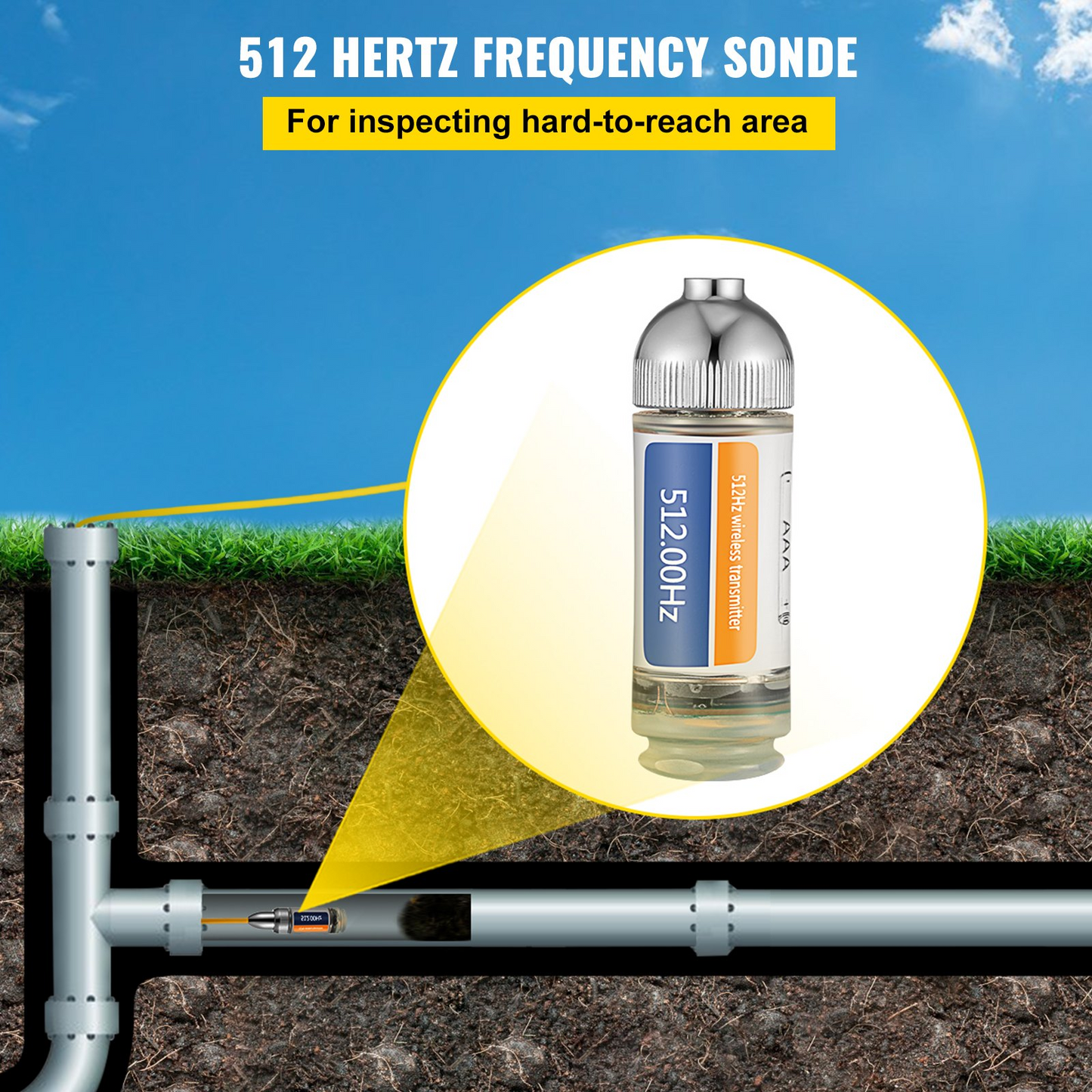 VEVOR 512HZ Sonde 8/5" and 1/4-20" Connectors Rigid Drain Locator for Locating & Detecting Small Sewer & Pipelines, Silver