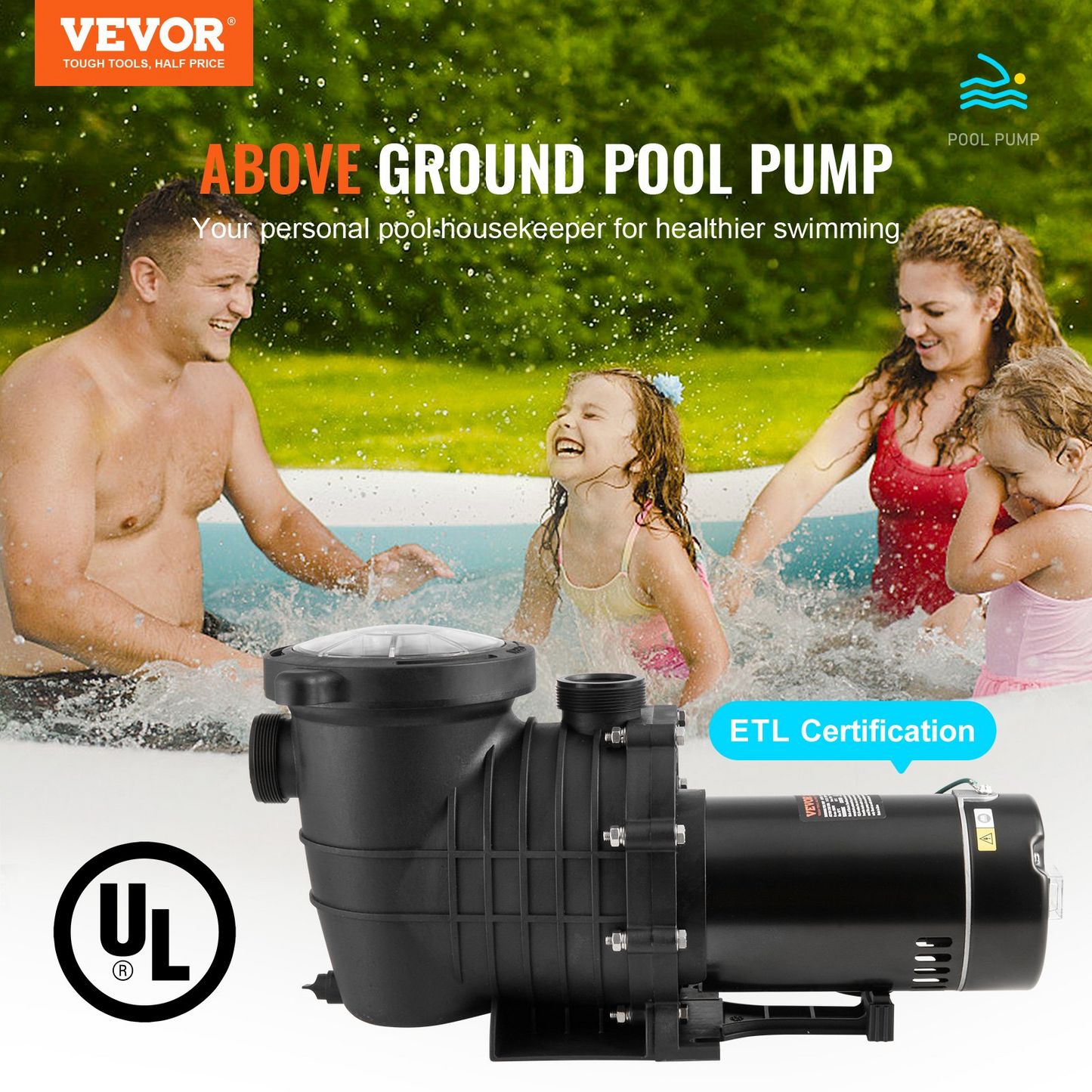 VEVOR Above Ground Pool Pump, 2 HP, 110 GPM Max Flow Single Speed Swimming Pool Pump, 110V/240V 3450 RPM 59 ft Max Head Pool Pump with Filter Basket, for Above Ground Pools Hot Tubs Spas