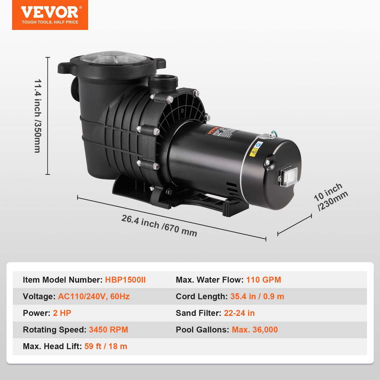 VEVOR Above Ground Pool Pump, 2 HP, 110 GPM Max Flow Single Speed Swimming Pool Pump, 110V/240V 3450 RPM 59 ft Max Head Pool Pump with Filter Basket, for Above Ground Pools Hot Tubs Spas