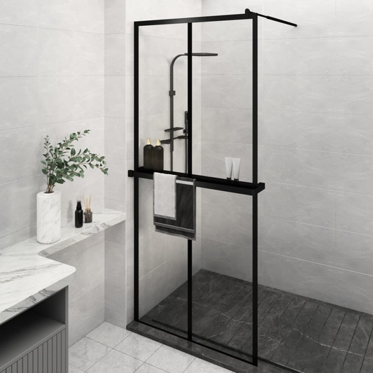 vidaXL Walk-in Shower Wall with Shelf Black 39.4"x76.8" ESG Glass&Aluminum